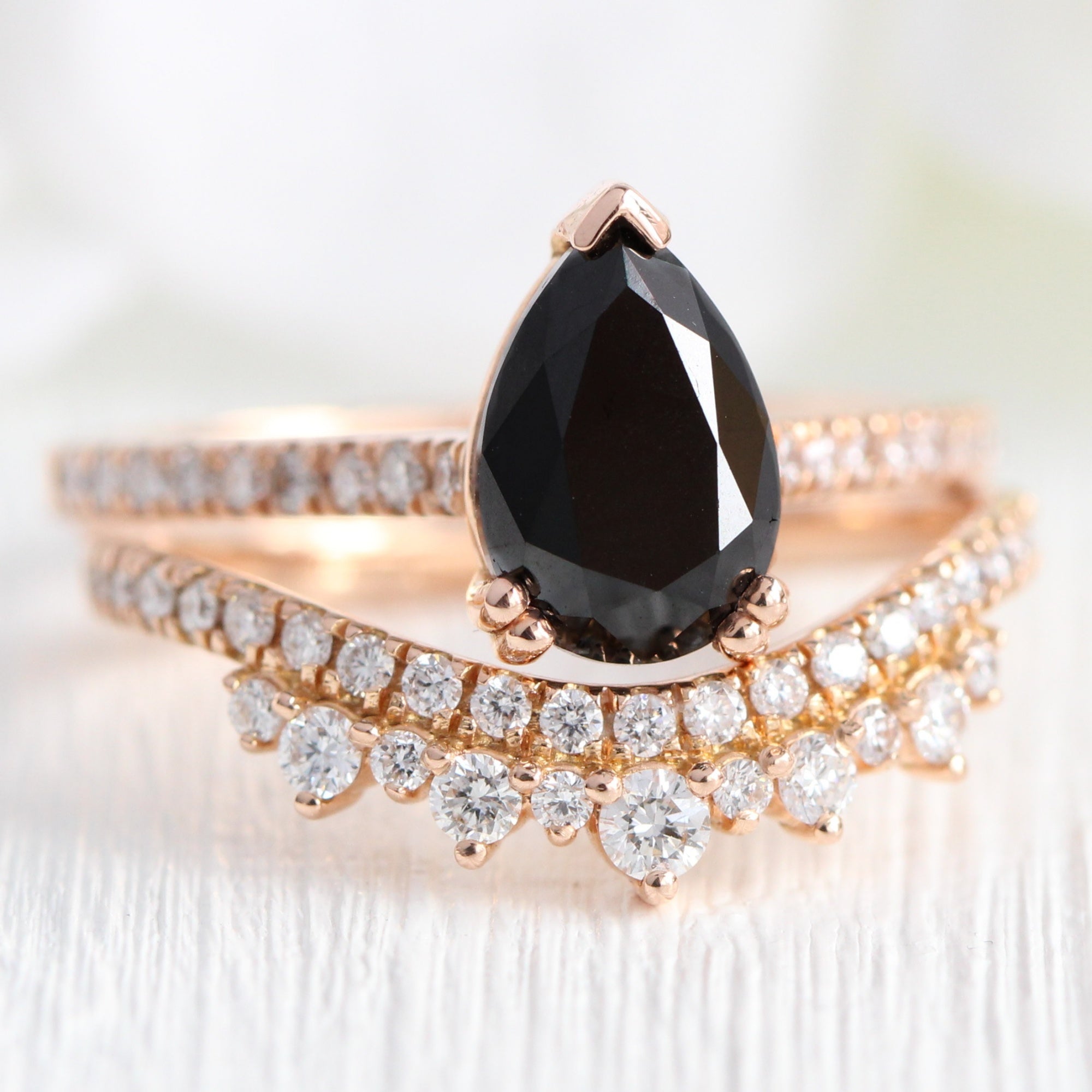 pear black diamond solitaire ring rose gold curved diamond wedding band bridal set la more design jewelry