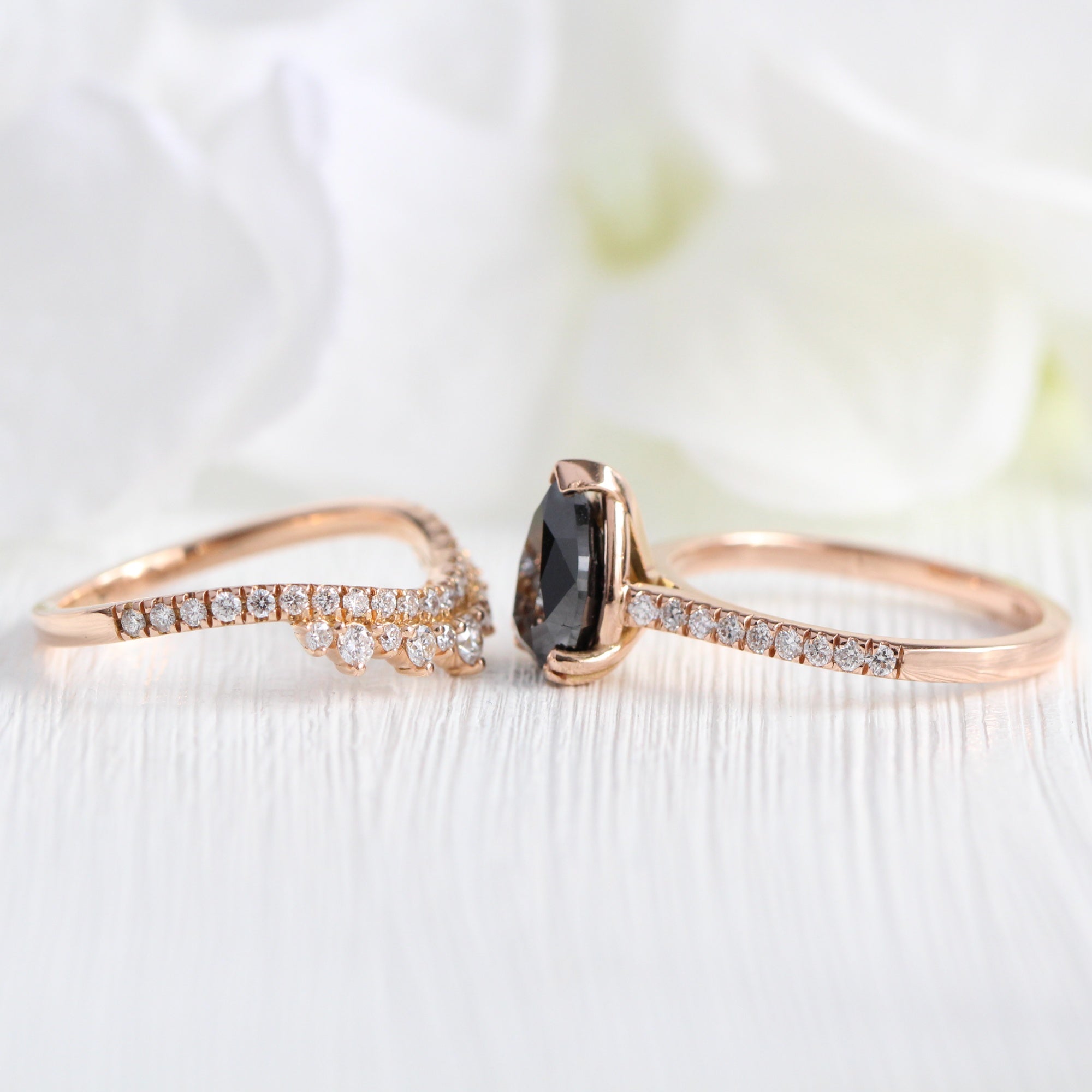 pear black diamond solitaire ring rose gold curved diamond wedding band bridal set la more design jewelry
