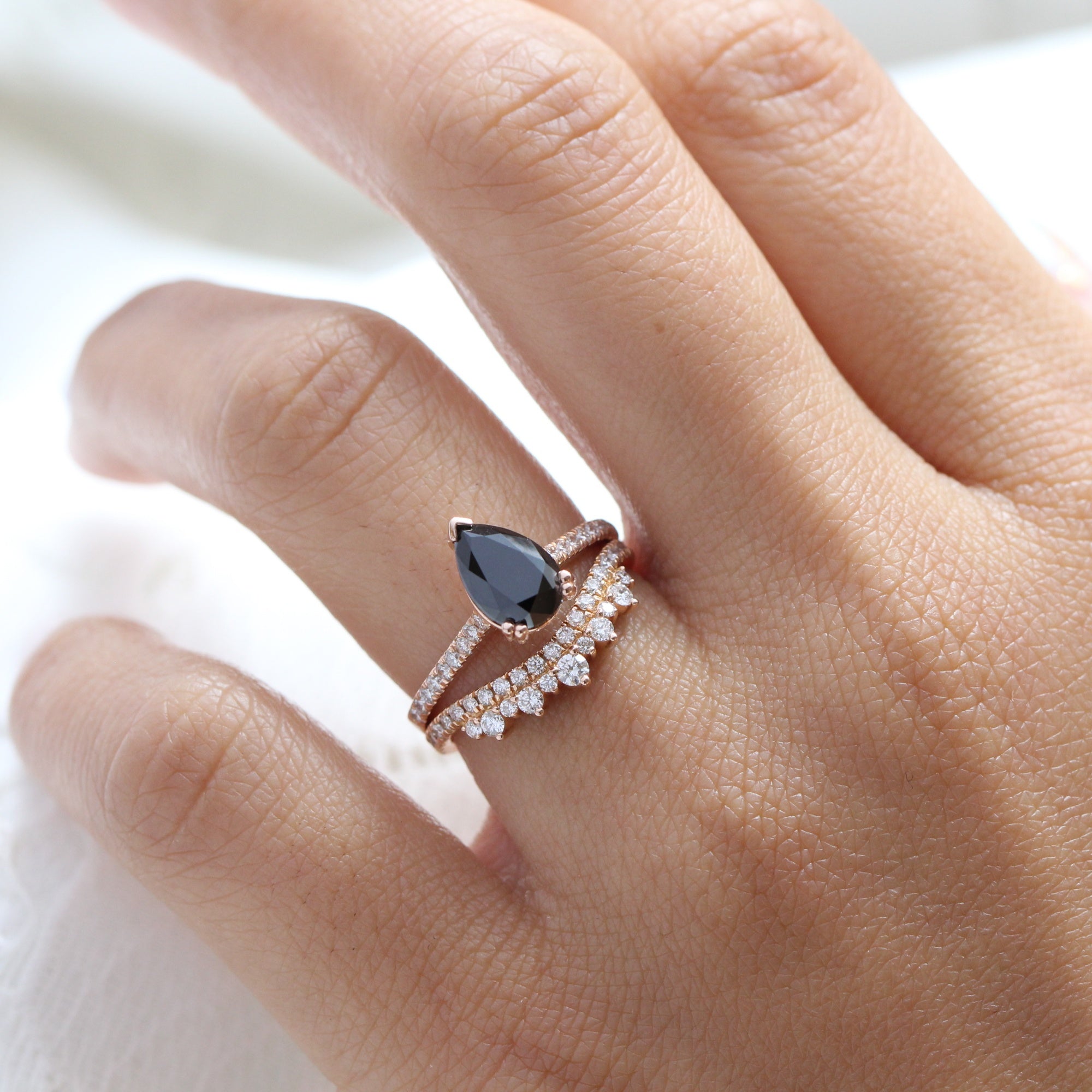 pear black diamond solitaire ring rose gold curved diamond wedding band bridal set la more design jewelry