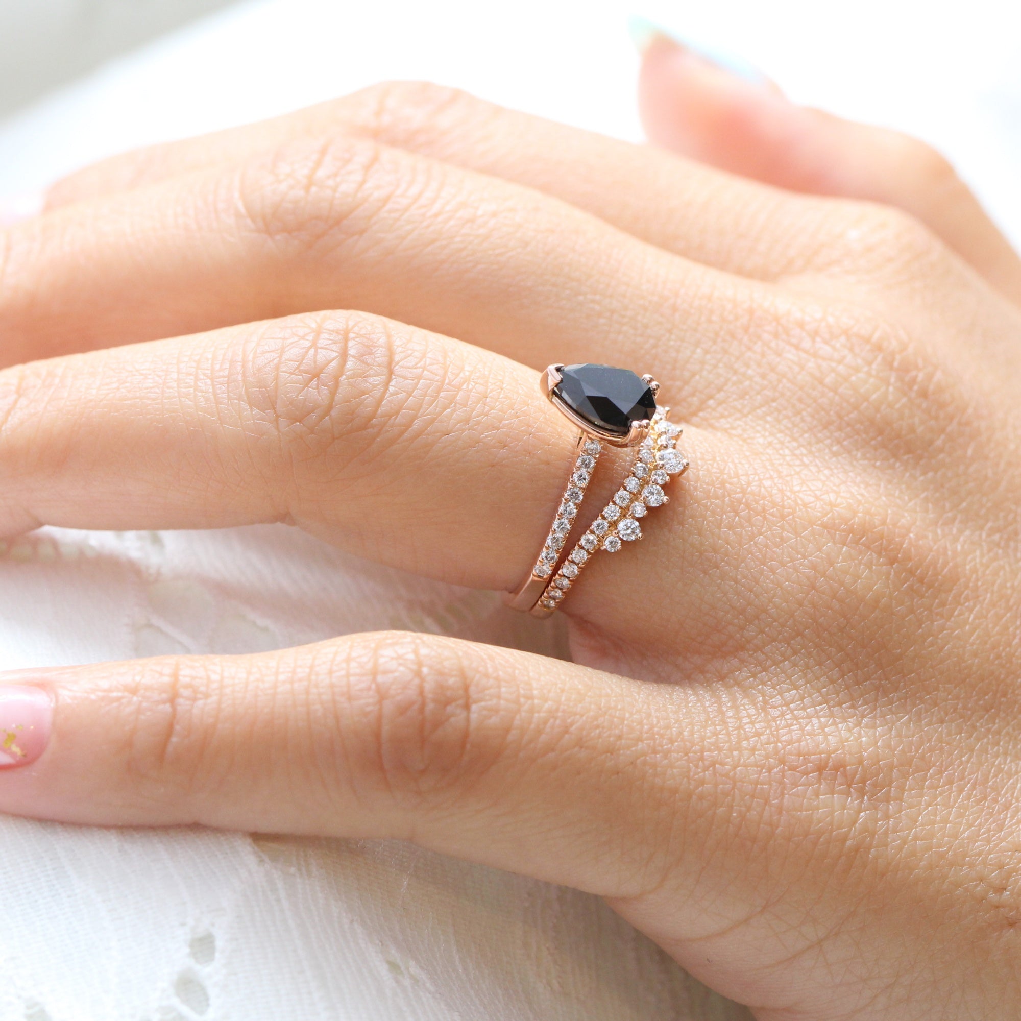 pear black diamond solitaire ring rose gold curved diamond wedding band bridal set la more design jewelry