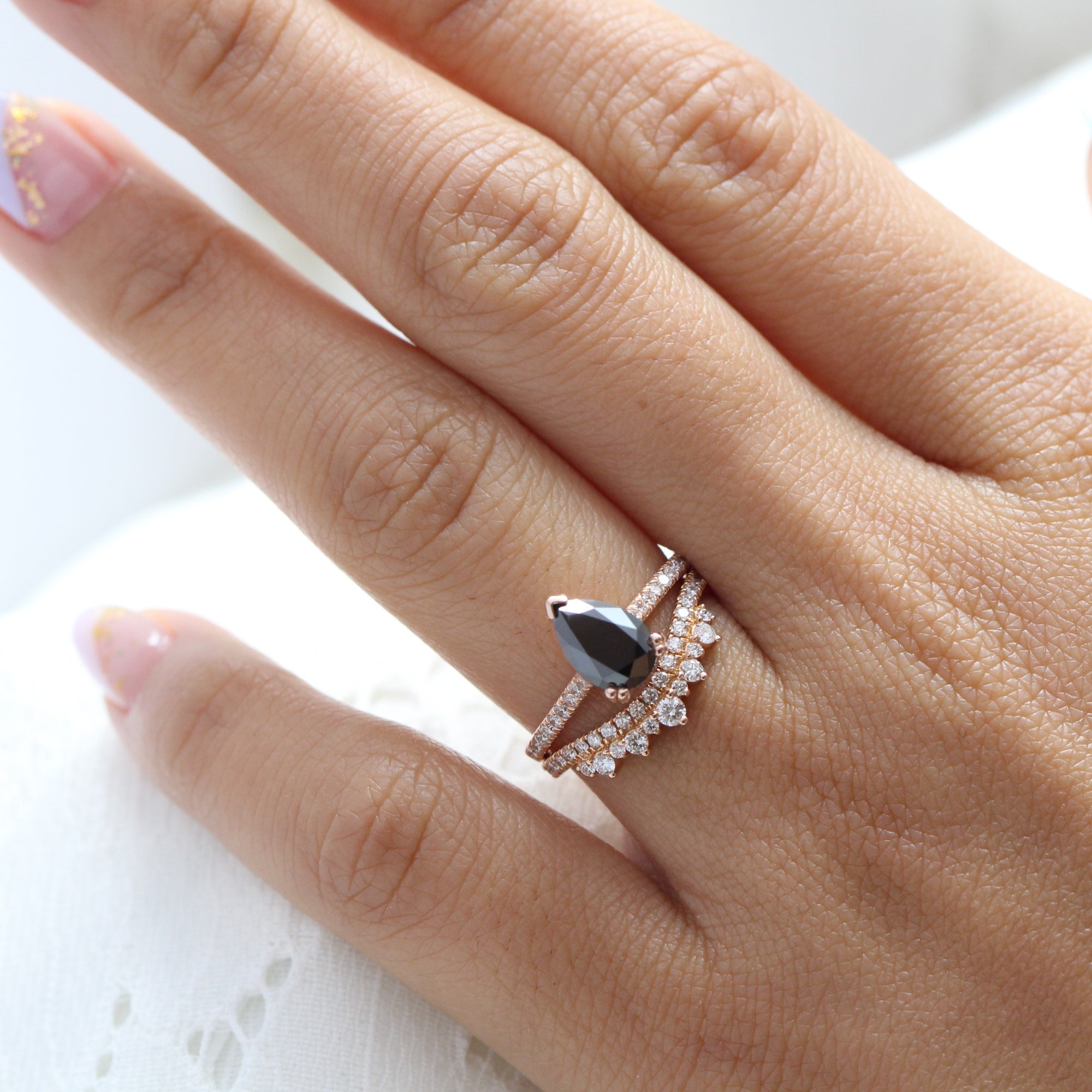 pear black diamond solitaire ring rose gold curved diamond wedding band bridal set la more design jewelry