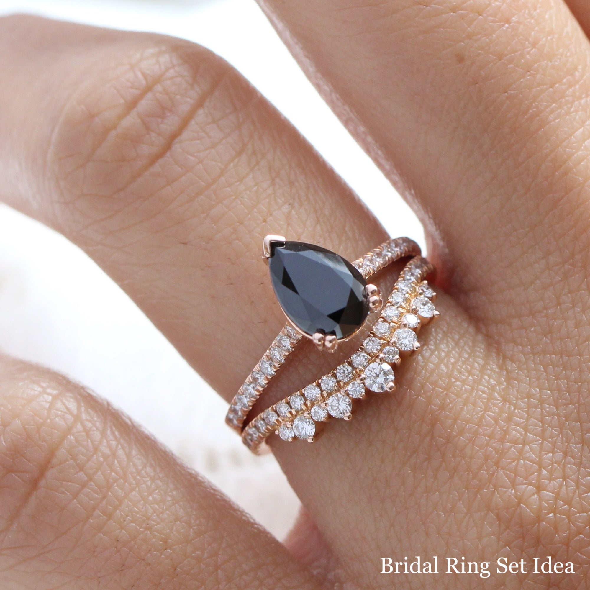 pear black diamond solitaire ring rose gold curved diamond wedding band bridal set la more design jewelry