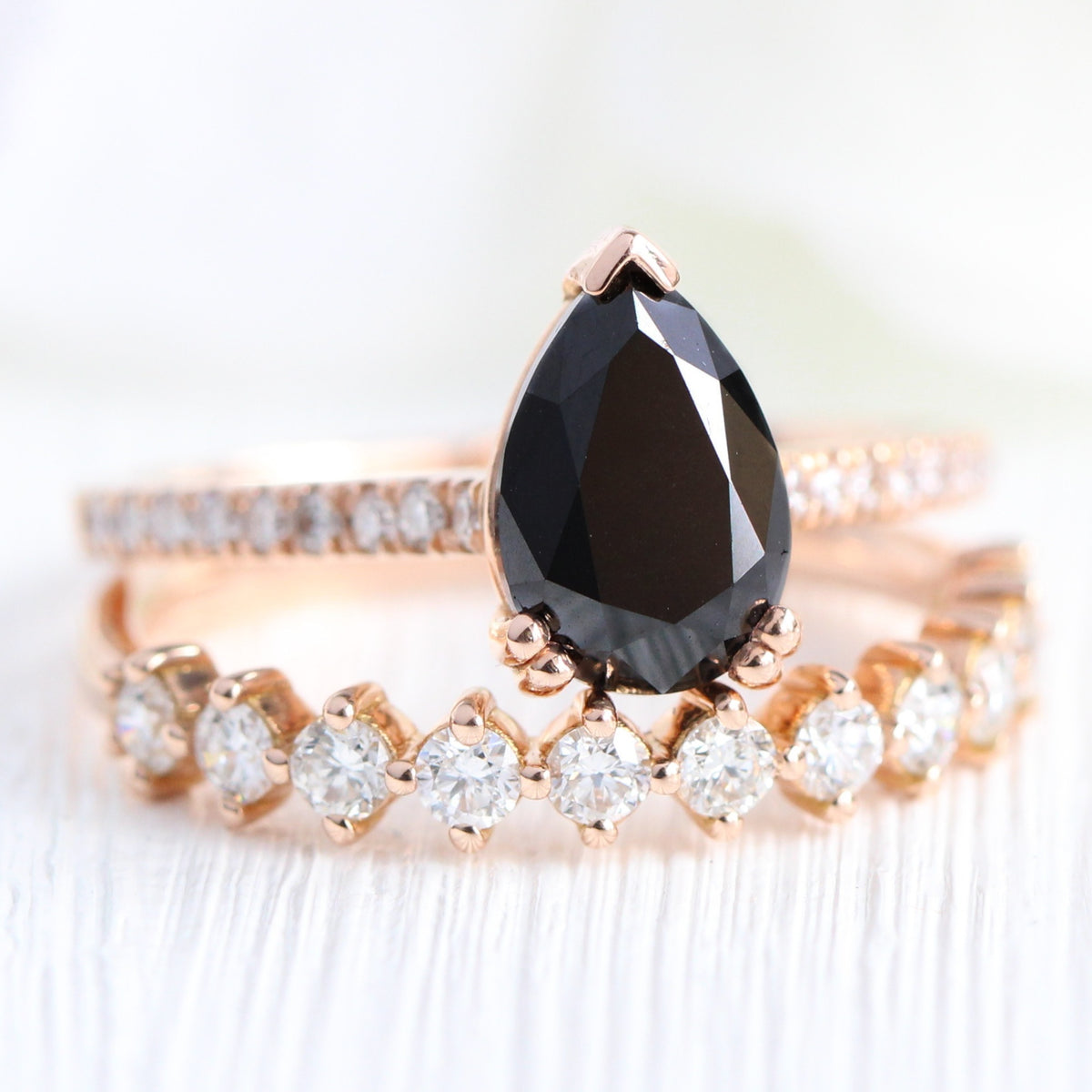 pear black diamond solitaire ring rose gold matching diamond wedding band bridal set la more design jewelry