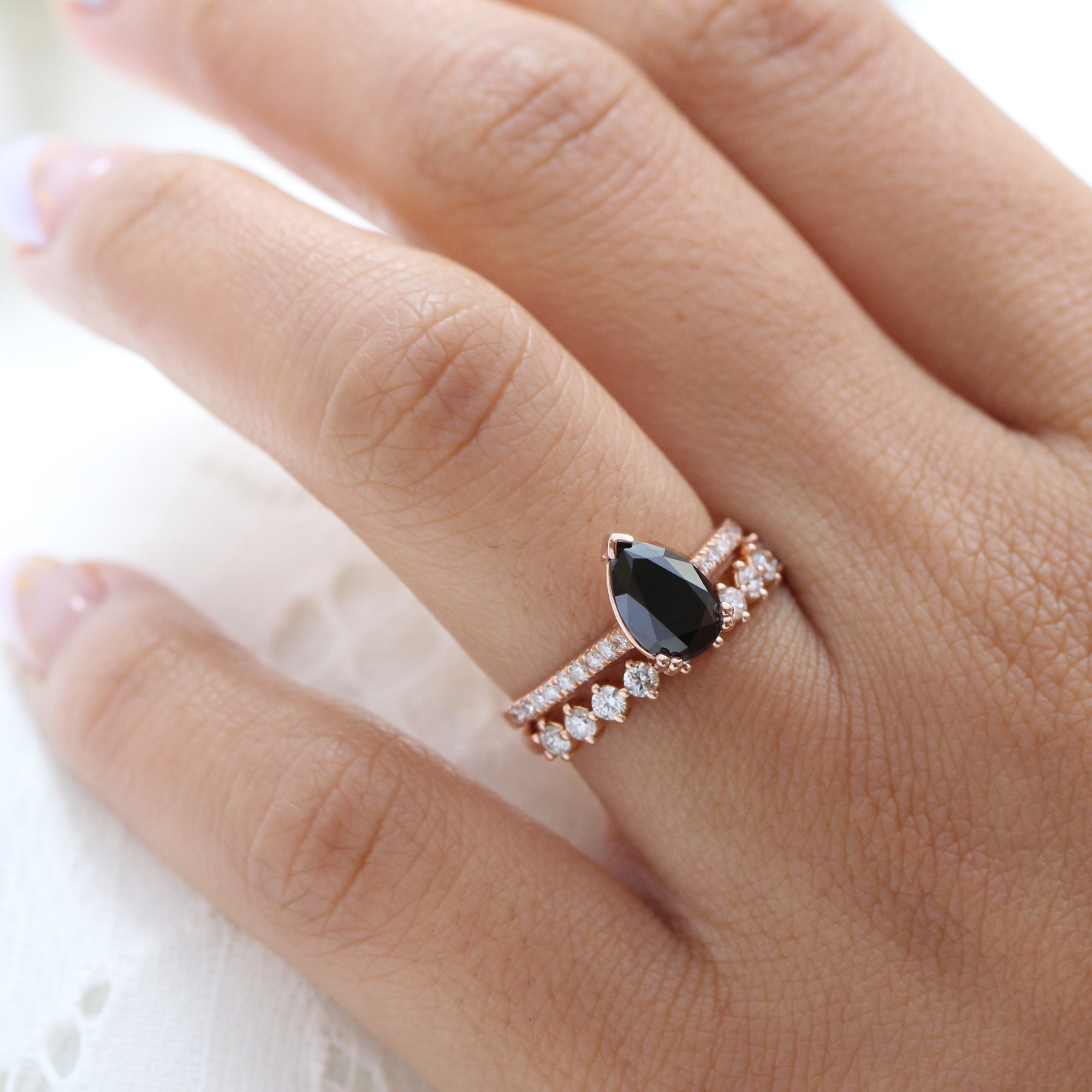 pear black diamond solitaire ring rose gold matching diamond wedding band bridal set la more design jewelry