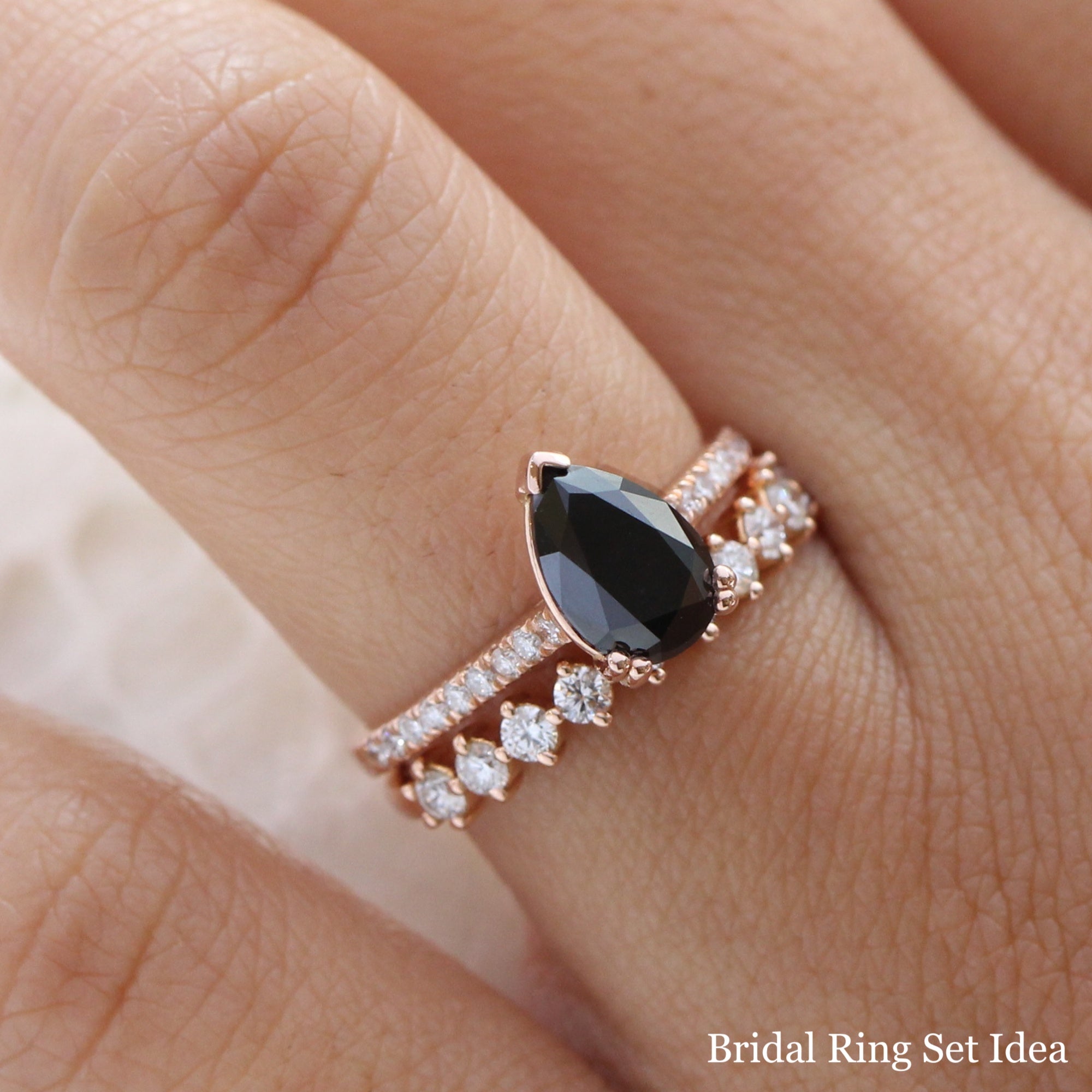 pear black diamond solitaire ring rose gold matching diamond wedding band bridal set la more design jewelry