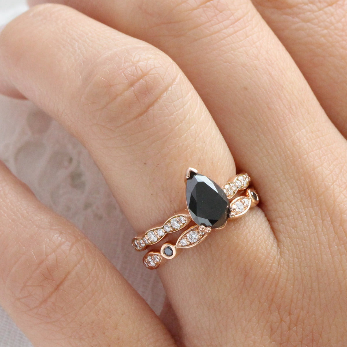 pear black diamond solitaire ring wedding set in rose gold low profile ring bridal set by la more design jewelry
