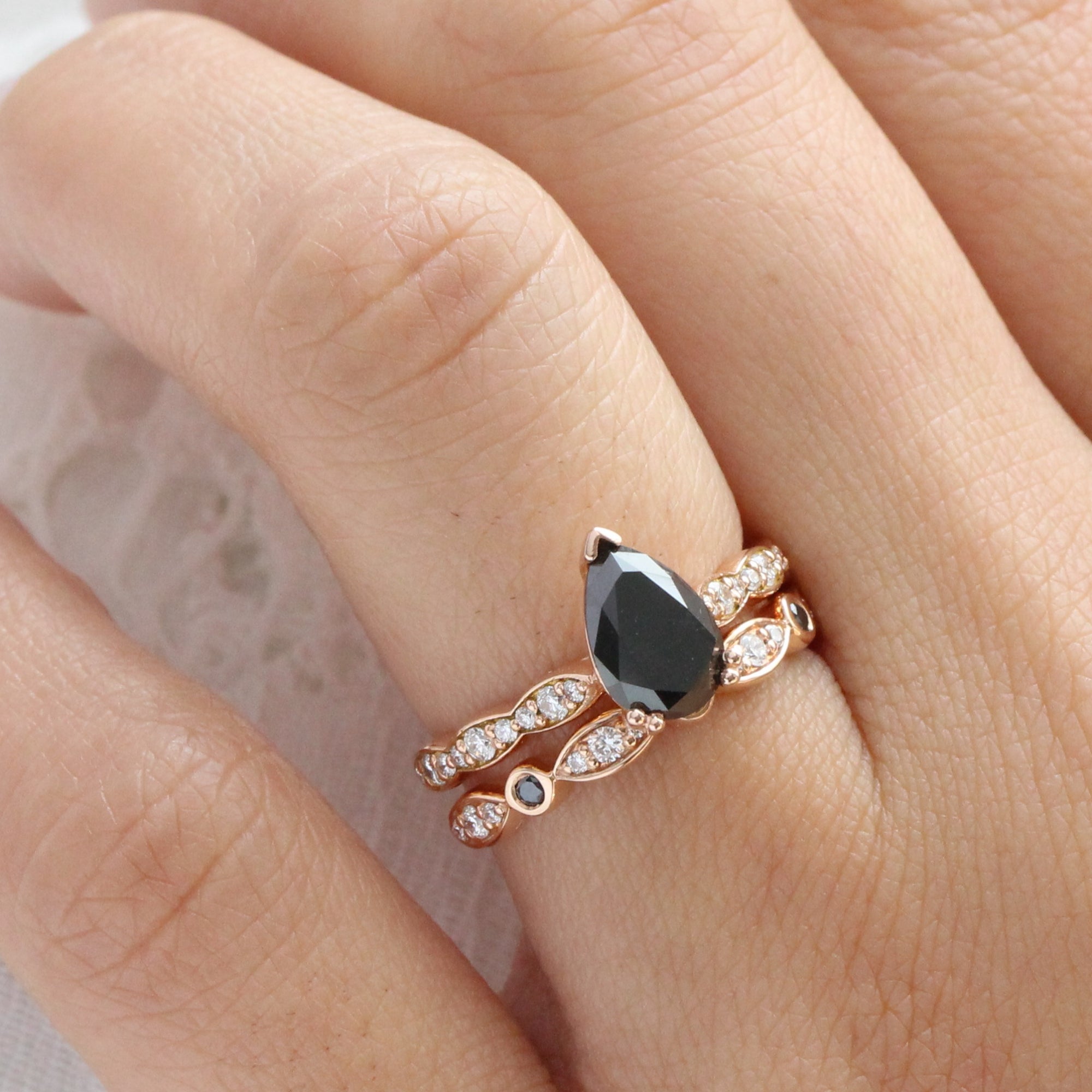 pear black diamond solitaire ring wedding set in rose gold low profile ring bridal set by la more design jewelry