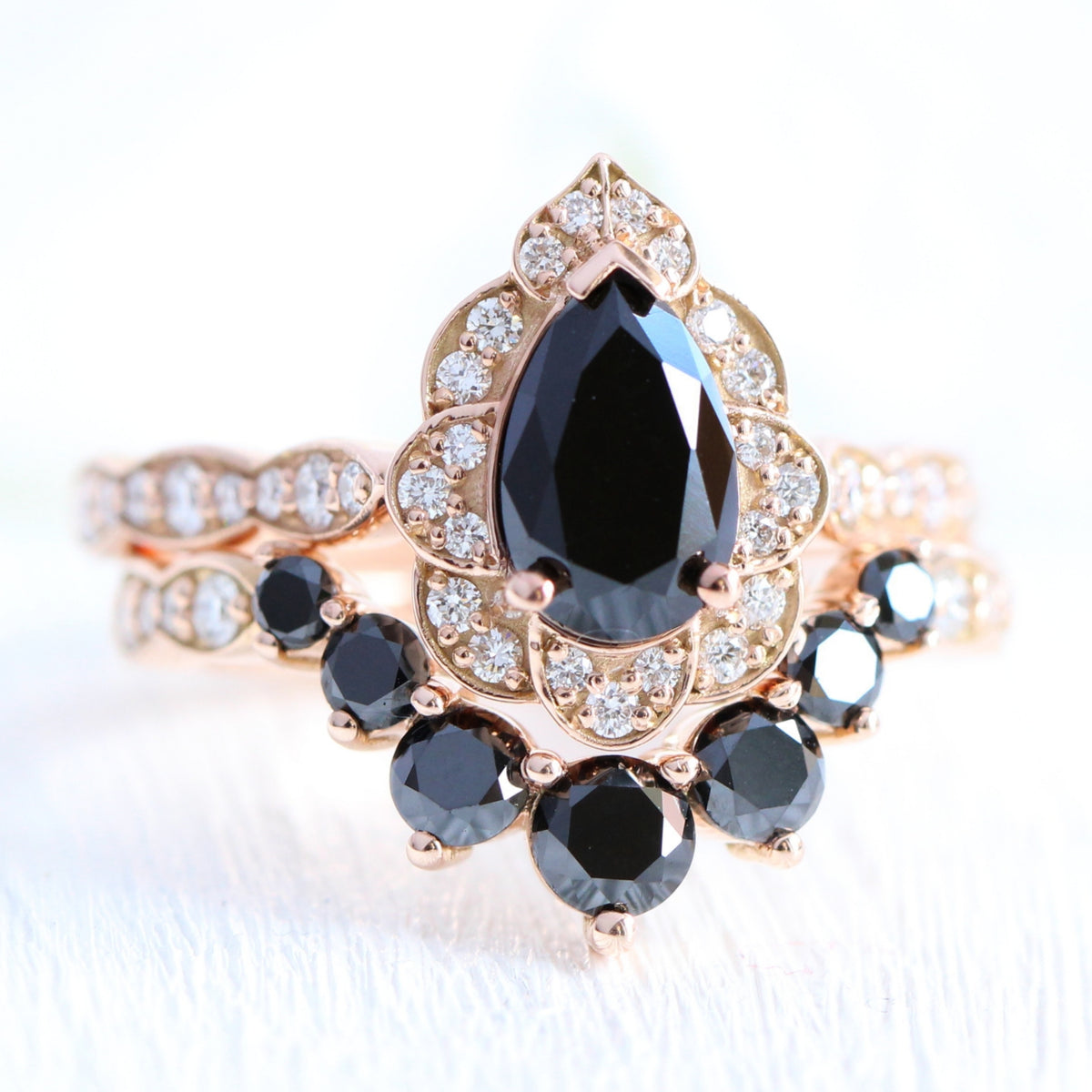 pear black diamond vintage halo ring rose gold U shaped diamond wedding band bridal set la more design jewelry