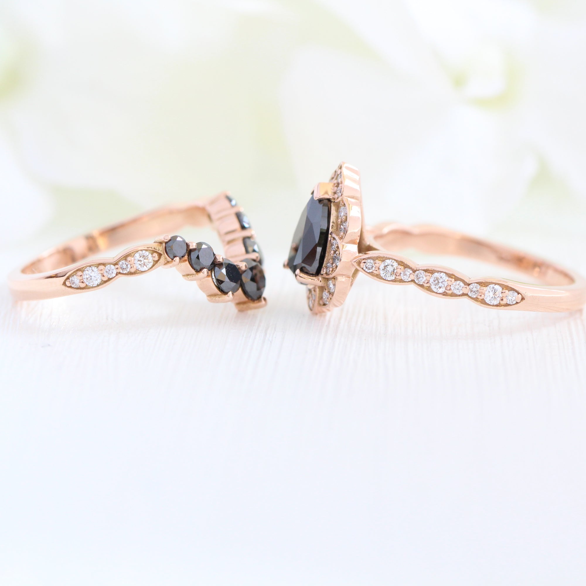 pear black diamond vintage halo ring rose gold U shaped diamond wedding band bridal set la more design jewelry