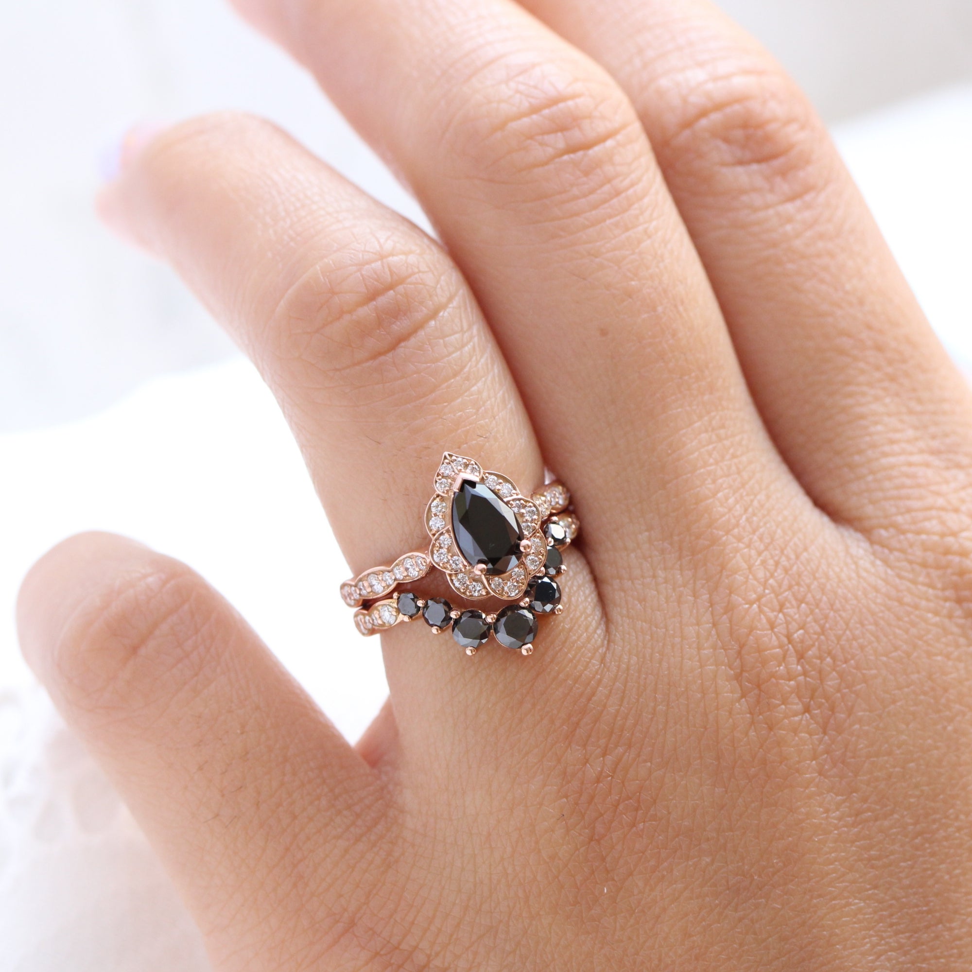 pear black diamond vintage halo ring rose gold U shaped diamond wedding band bridal set la more design jewelry