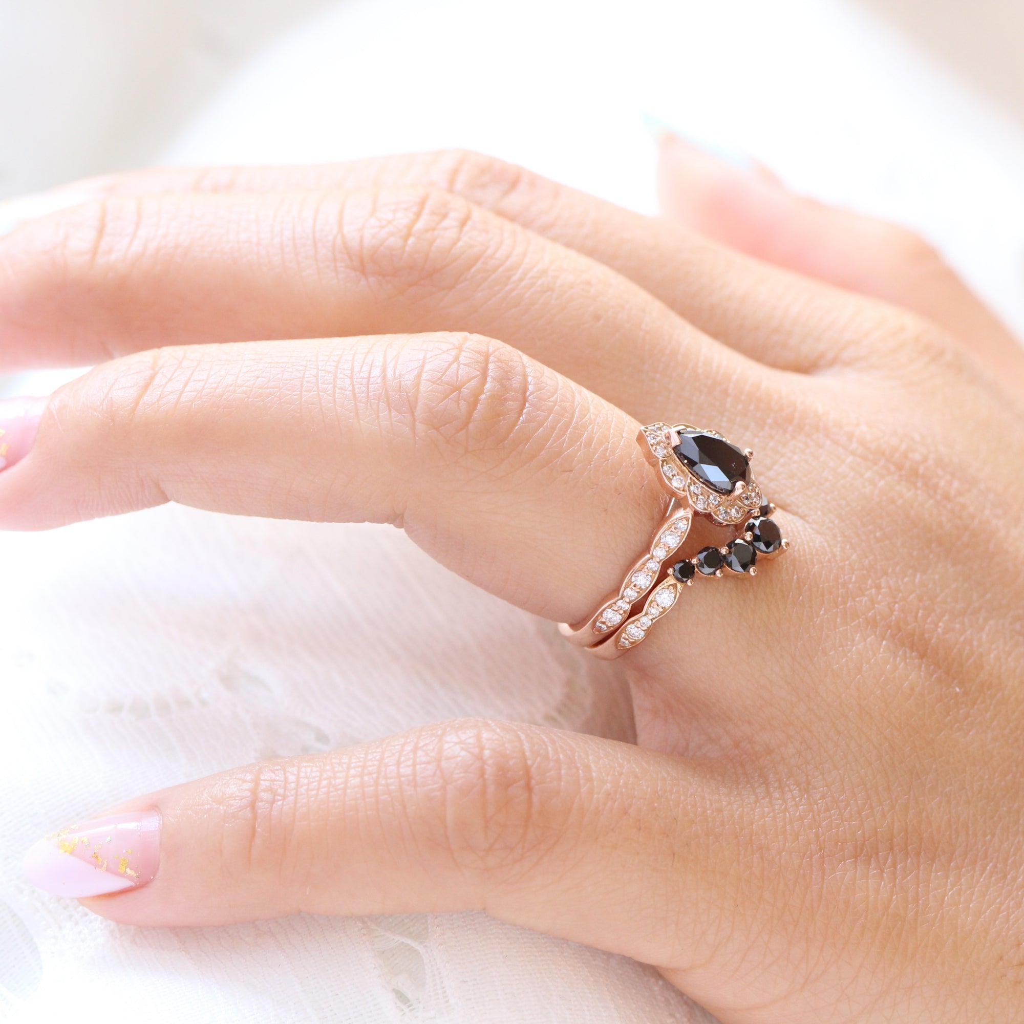 pear black diamond vintage halo ring rose gold U shaped diamond wedding band bridal set la more design jewelry