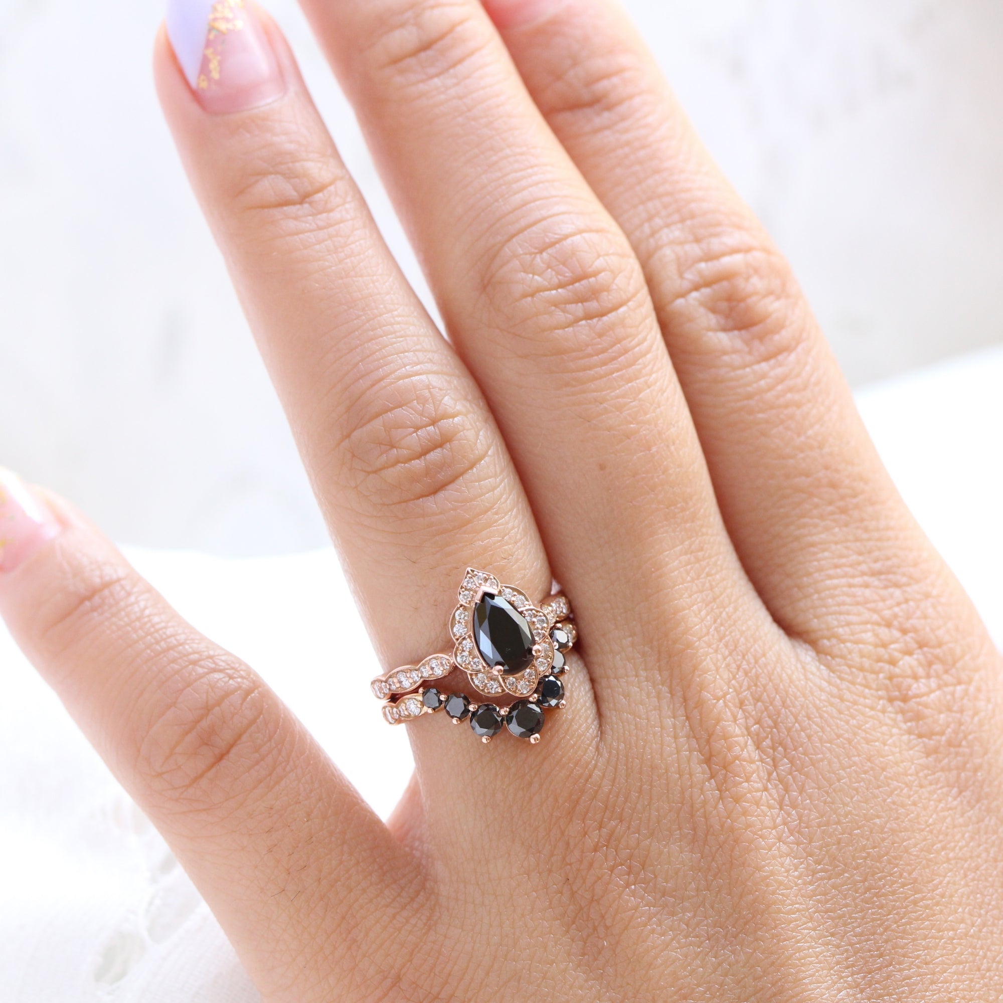 pear black diamond vintage halo ring rose gold U shaped diamond wedding band bridal set la more design jewelry