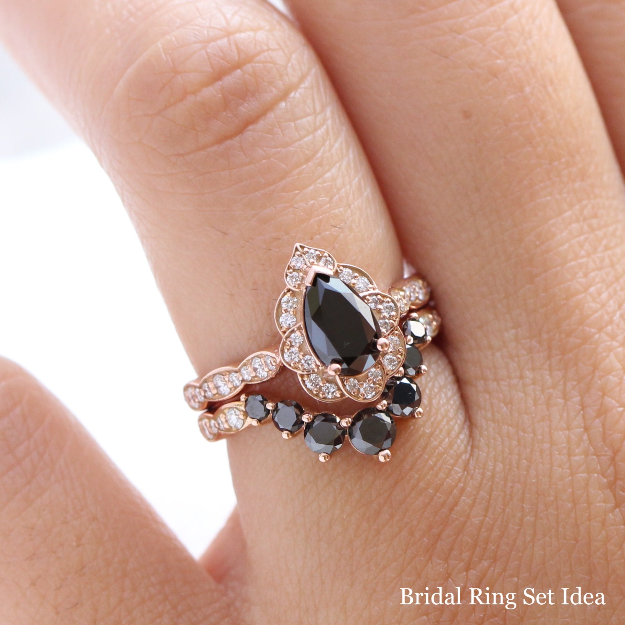 pear black diamond vintage halo ring rose gold U shaped diamond wedding band bridal set la more design jewelry