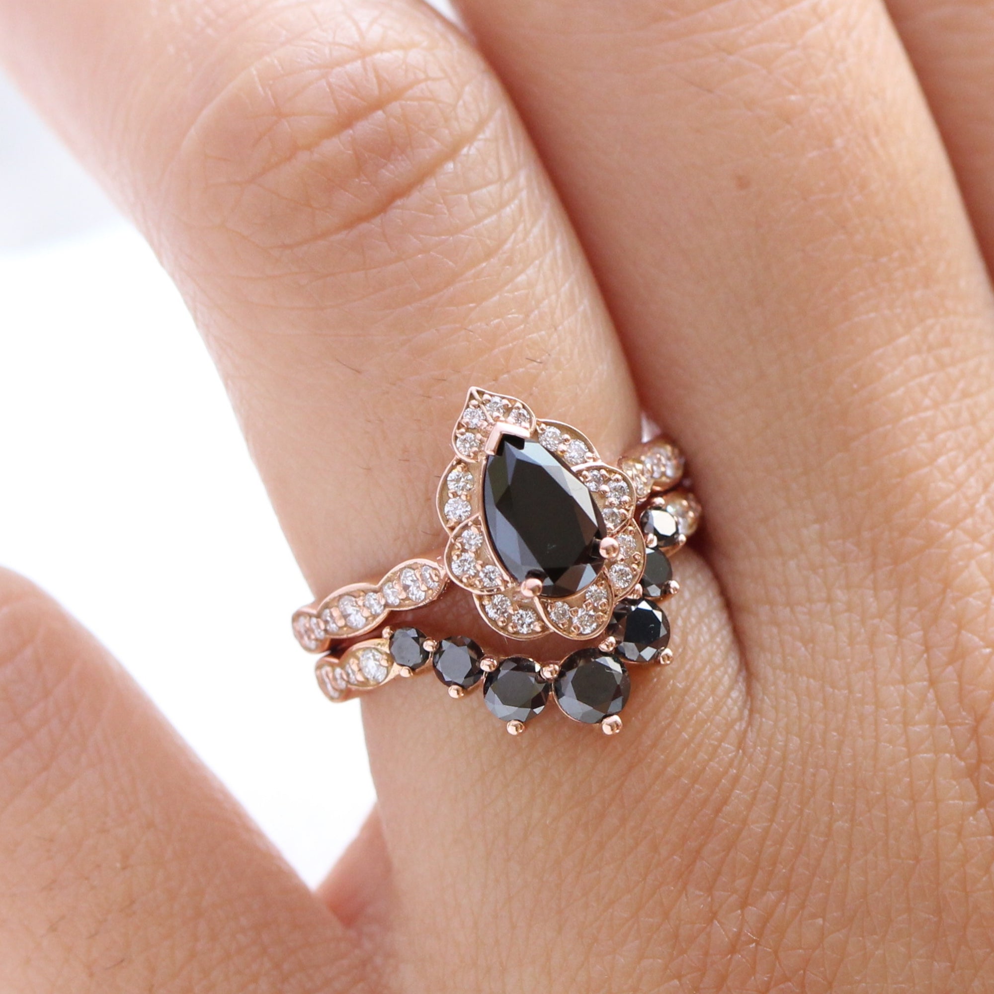 pear black diamond vintage halo ring rose gold U shaped diamond wedding band bridal set la more design jewelry