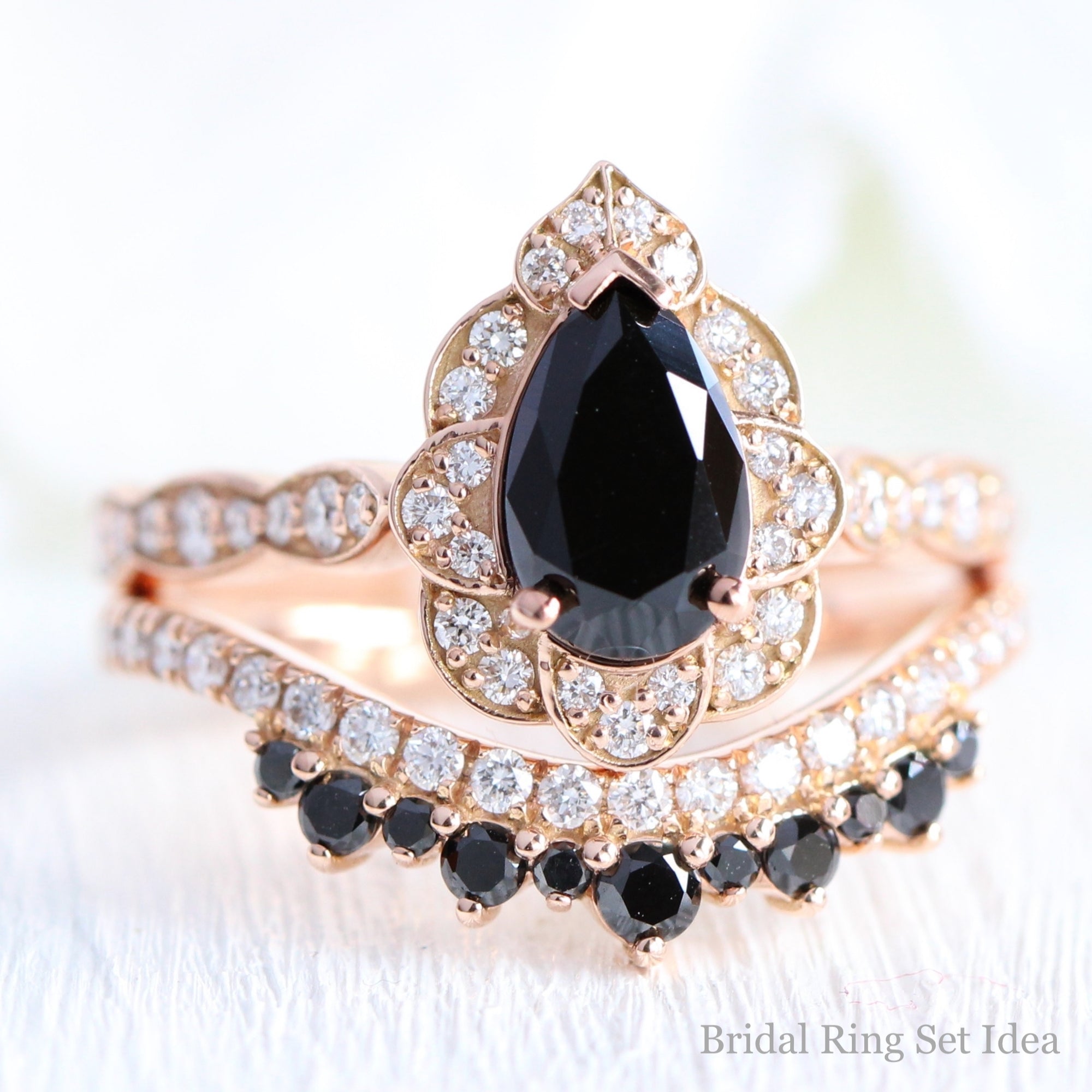 pear black diamond vintage halo ring rose gold curved diamond wedding band bridal set la more design jewelry