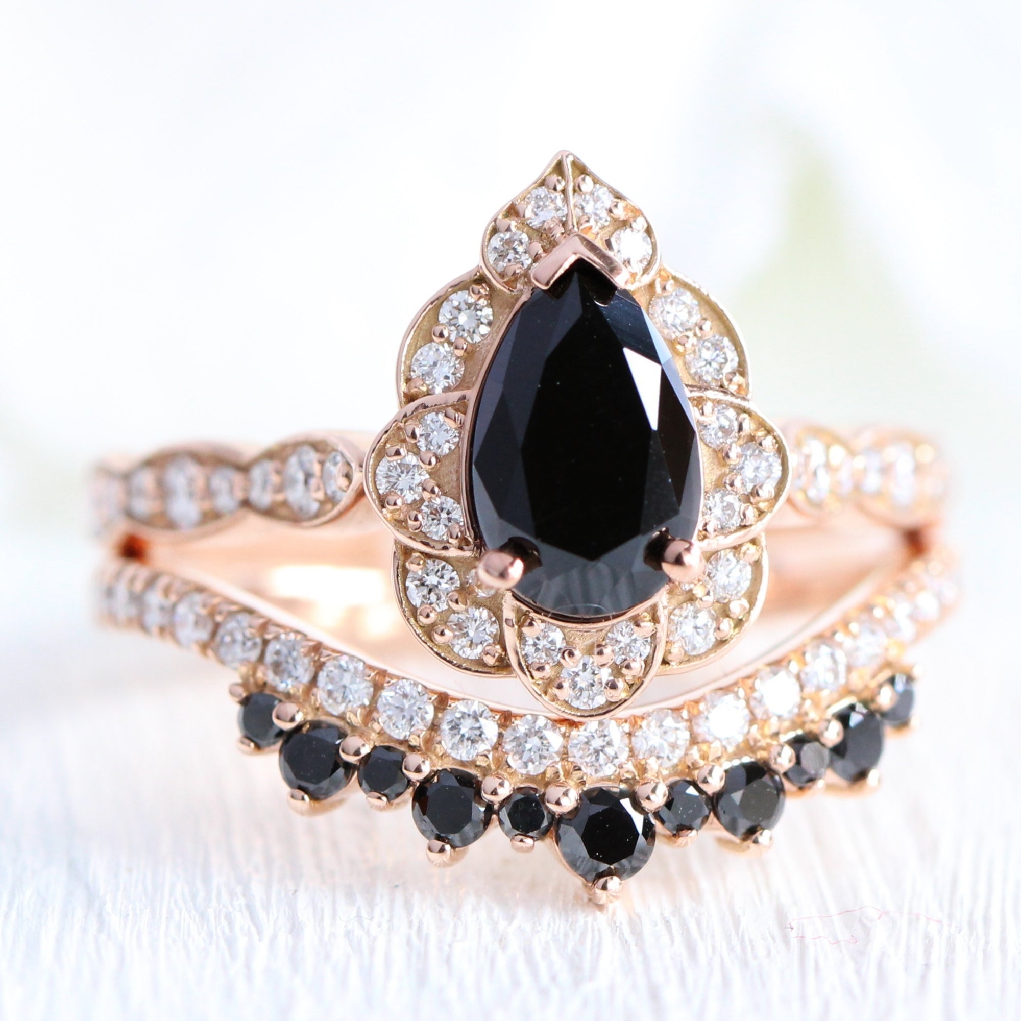 pear black diamond vintage halo ring rose gold curved diamond wedding band bridal set la more design jewelry