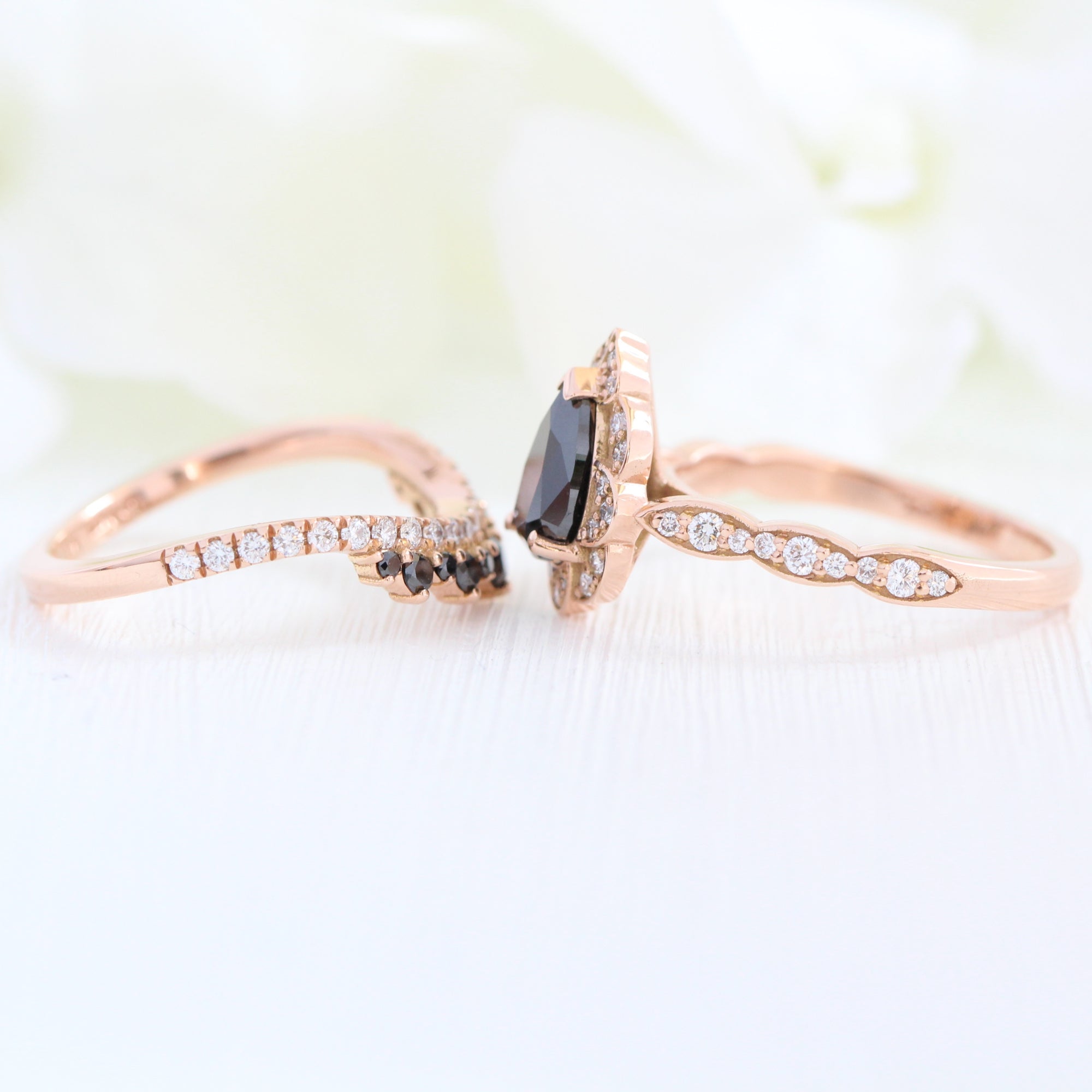 pear black diamond vintage halo ring rose gold curved diamond wedding band bridal set la more design jewelry