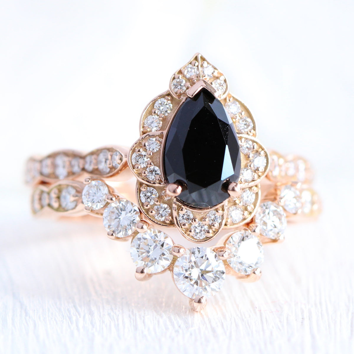 pear black diamond vintage halo ring rose gold large diamond wedding band bridal set la more design jewelry