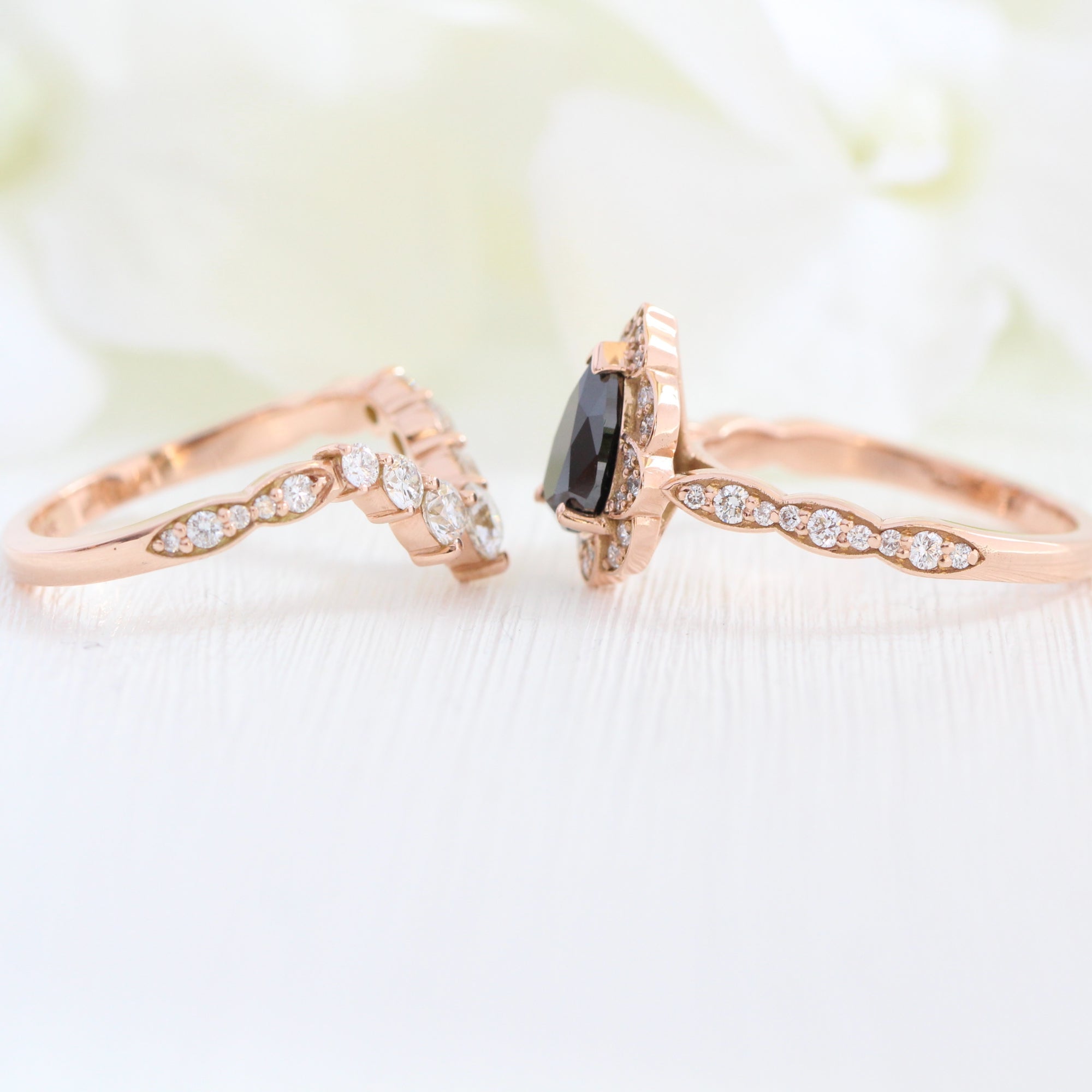 pear black diamond vintage halo ring rose gold large diamond wedding band bridal set la more design jewelry