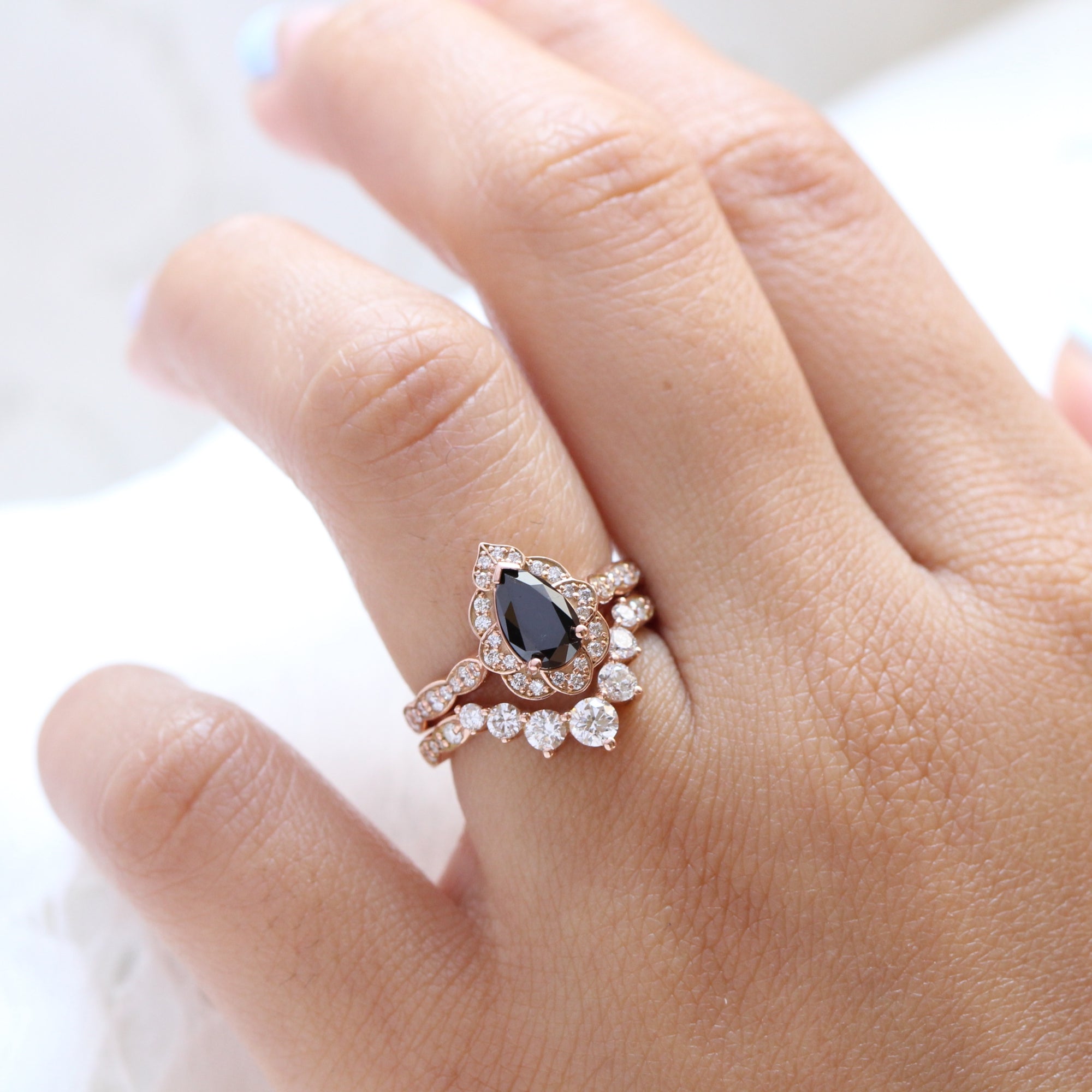 pear black diamond vintage halo ring rose gold large diamond wedding band bridal set la more design jewelry