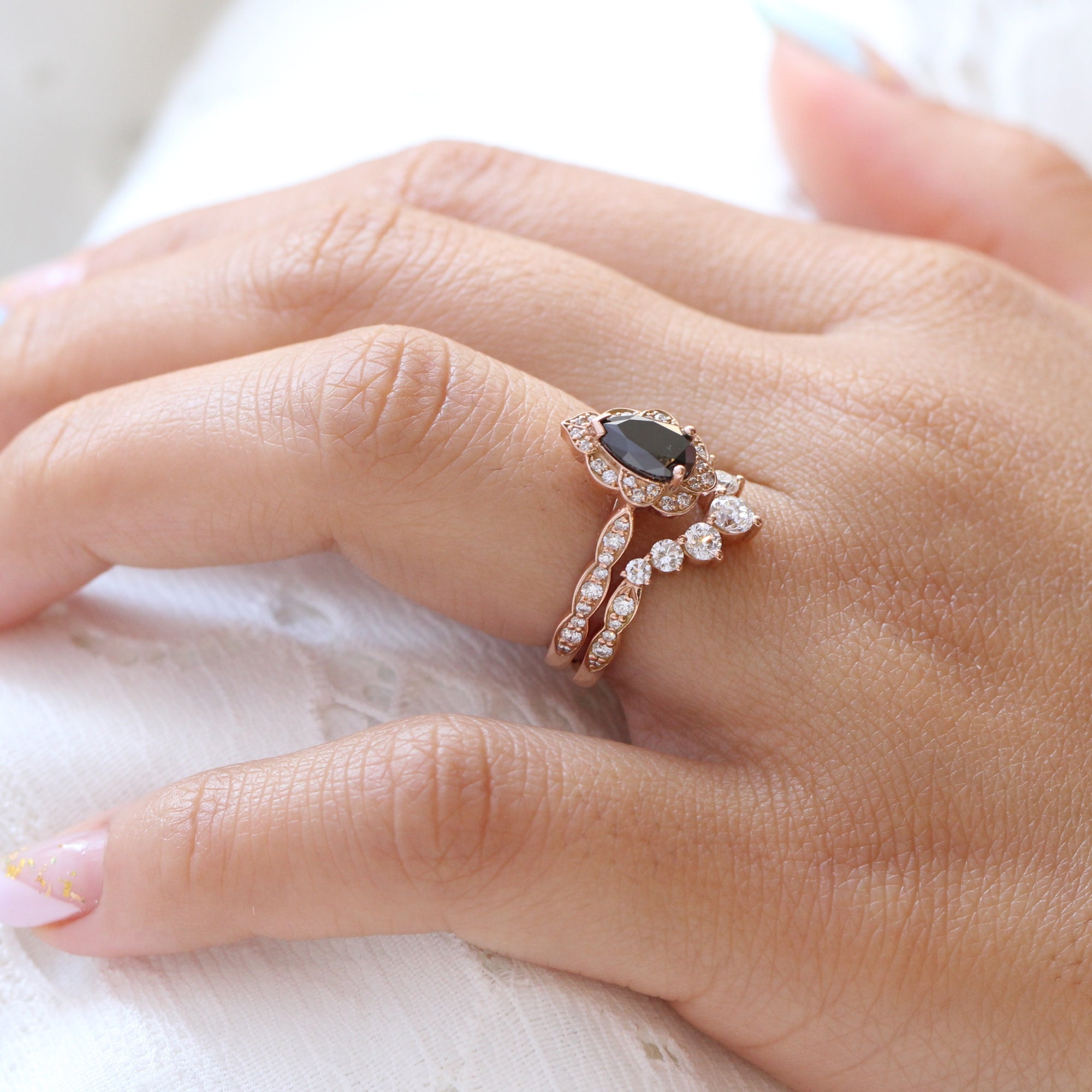 pear black diamond vintage halo ring rose gold large diamond wedding band bridal set la more design jewelry