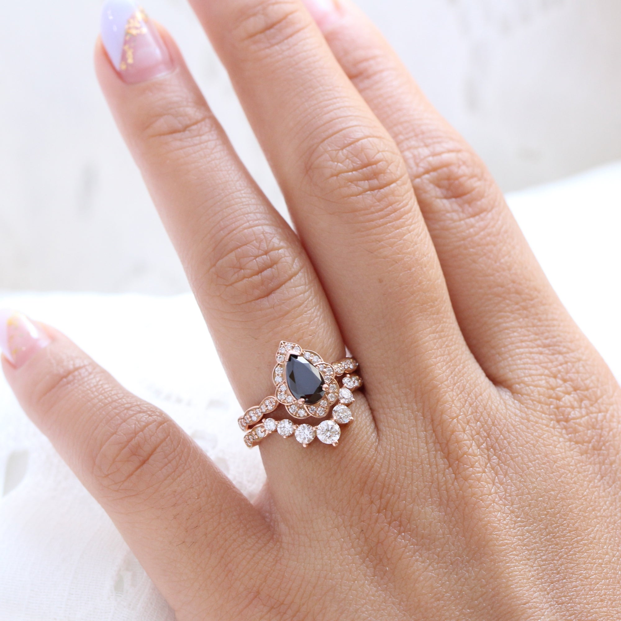 pear black diamond vintage halo ring rose gold large diamond wedding band bridal set la more design jewelry