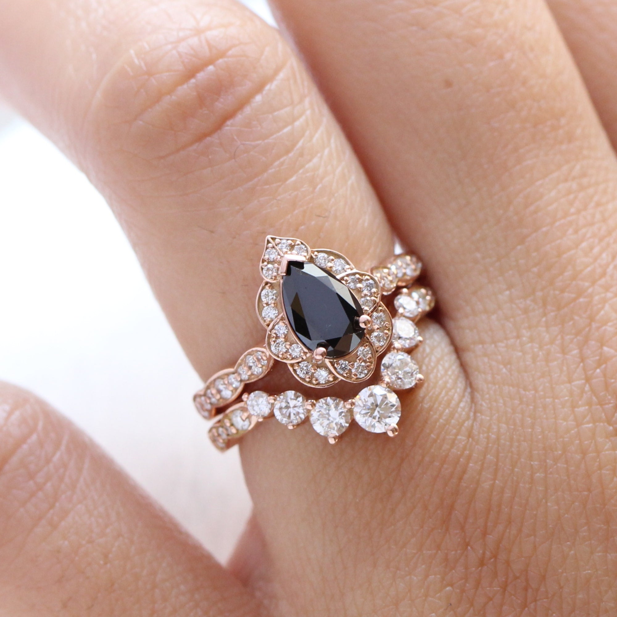 pear black diamond vintage halo ring rose gold large diamond wedding band bridal set la more design jewelry