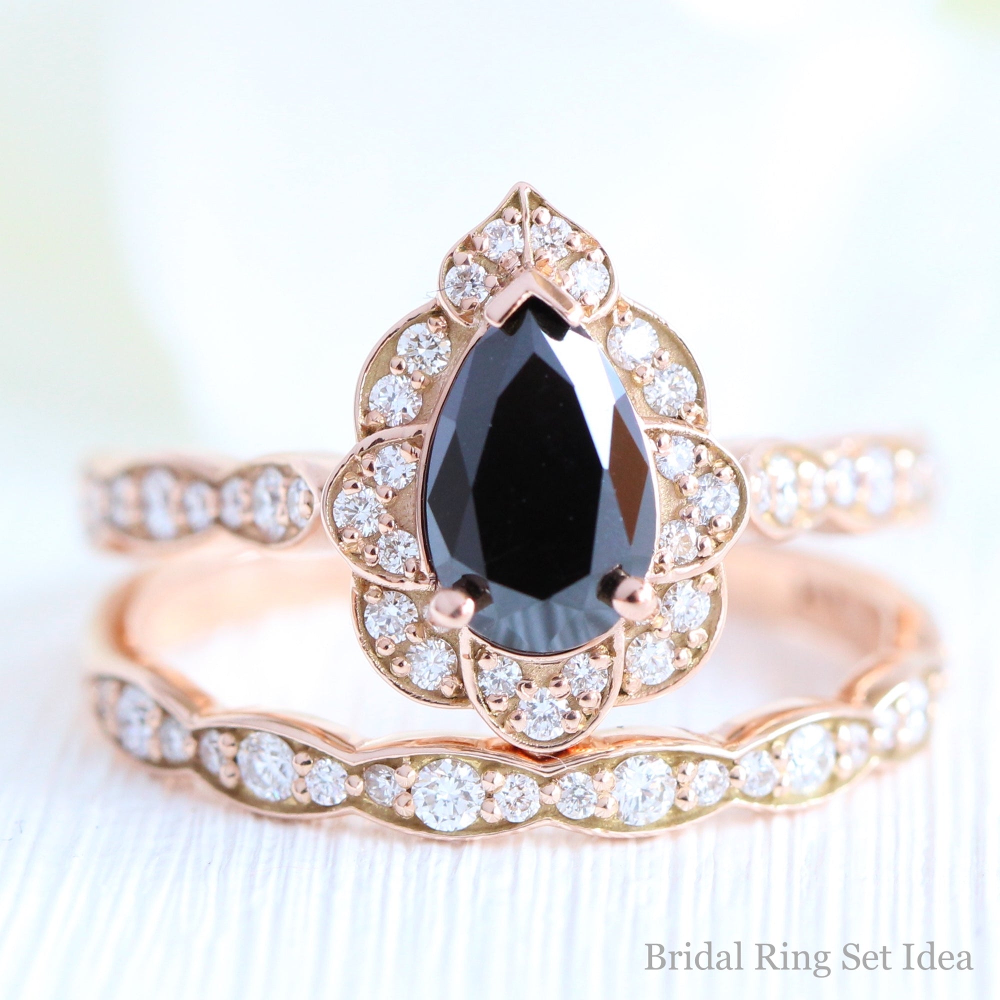 pear black diamond vintage halo ring rose gold matching diamond wedding band bridal set la more design jewelry