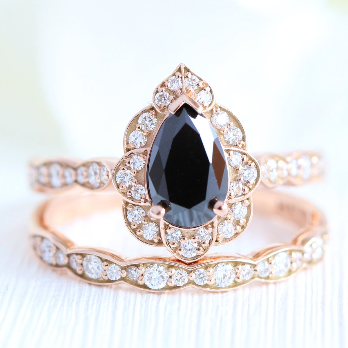 pear black diamond vintage halo ring rose gold matching diamond wedding band bridal set la more design jewelry