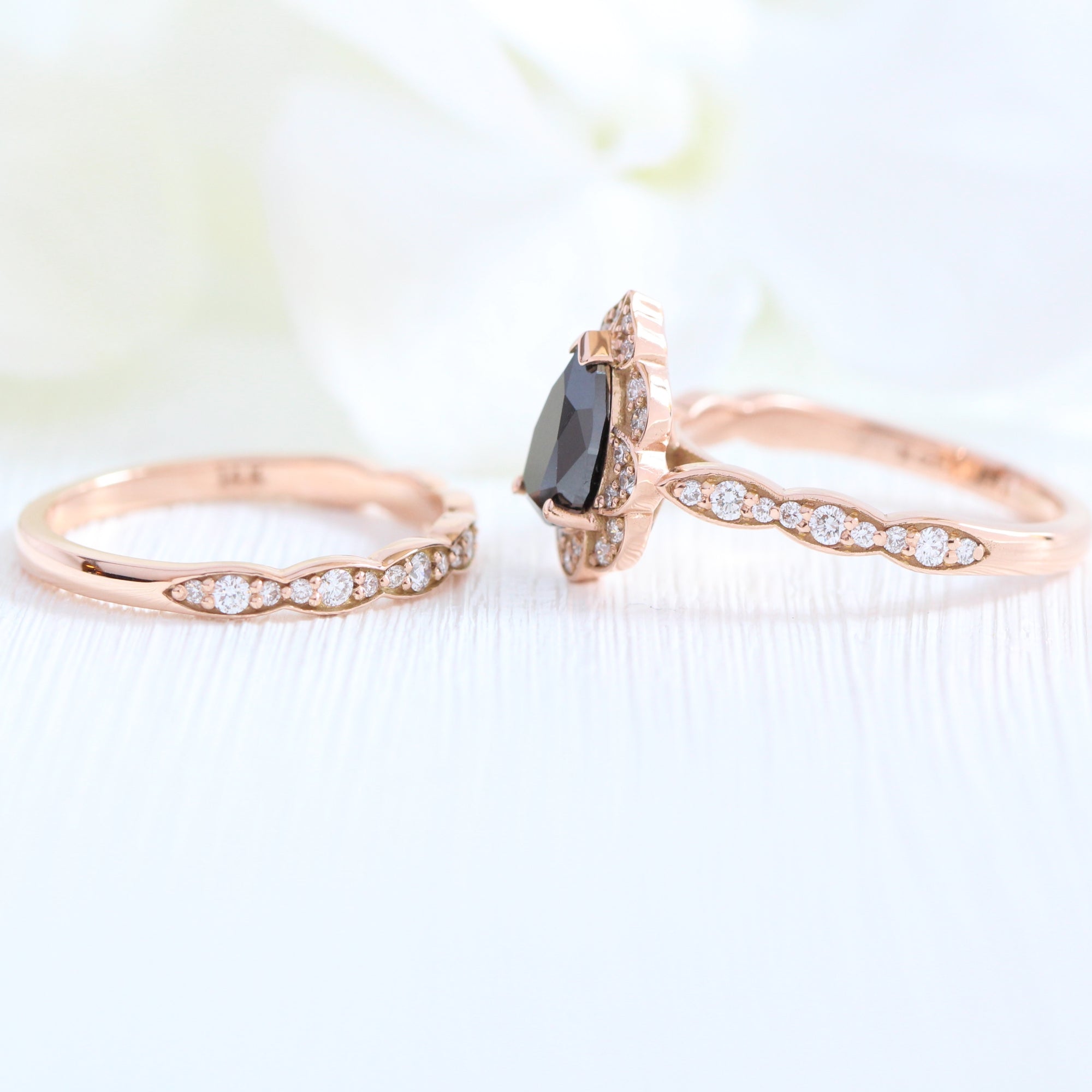 pear black diamond vintage halo ring rose gold matching diamond wedding band bridal set la more design jewelry