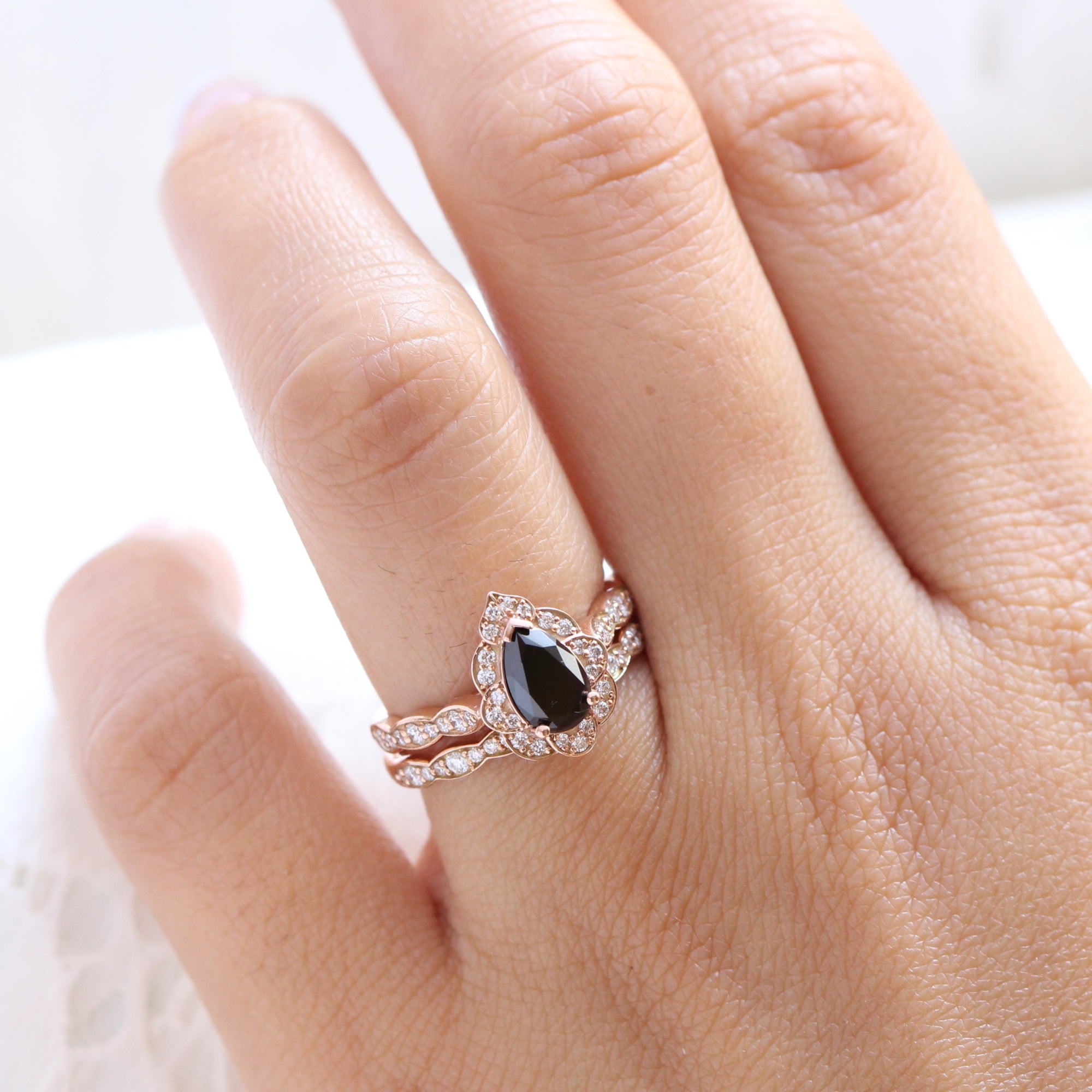 pear black diamond vintage halo ring rose gold matching diamond wedding band bridal set la more design jewelry