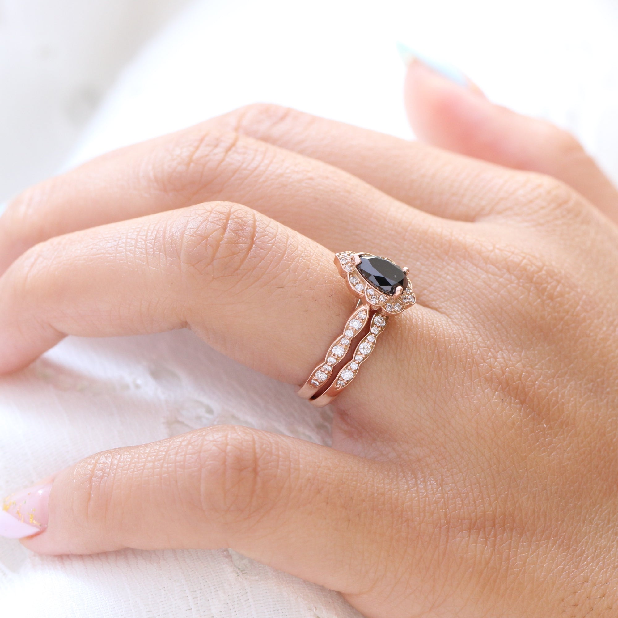 pear black diamond vintage halo ring rose gold matching diamond wedding band bridal set la more design jewelry