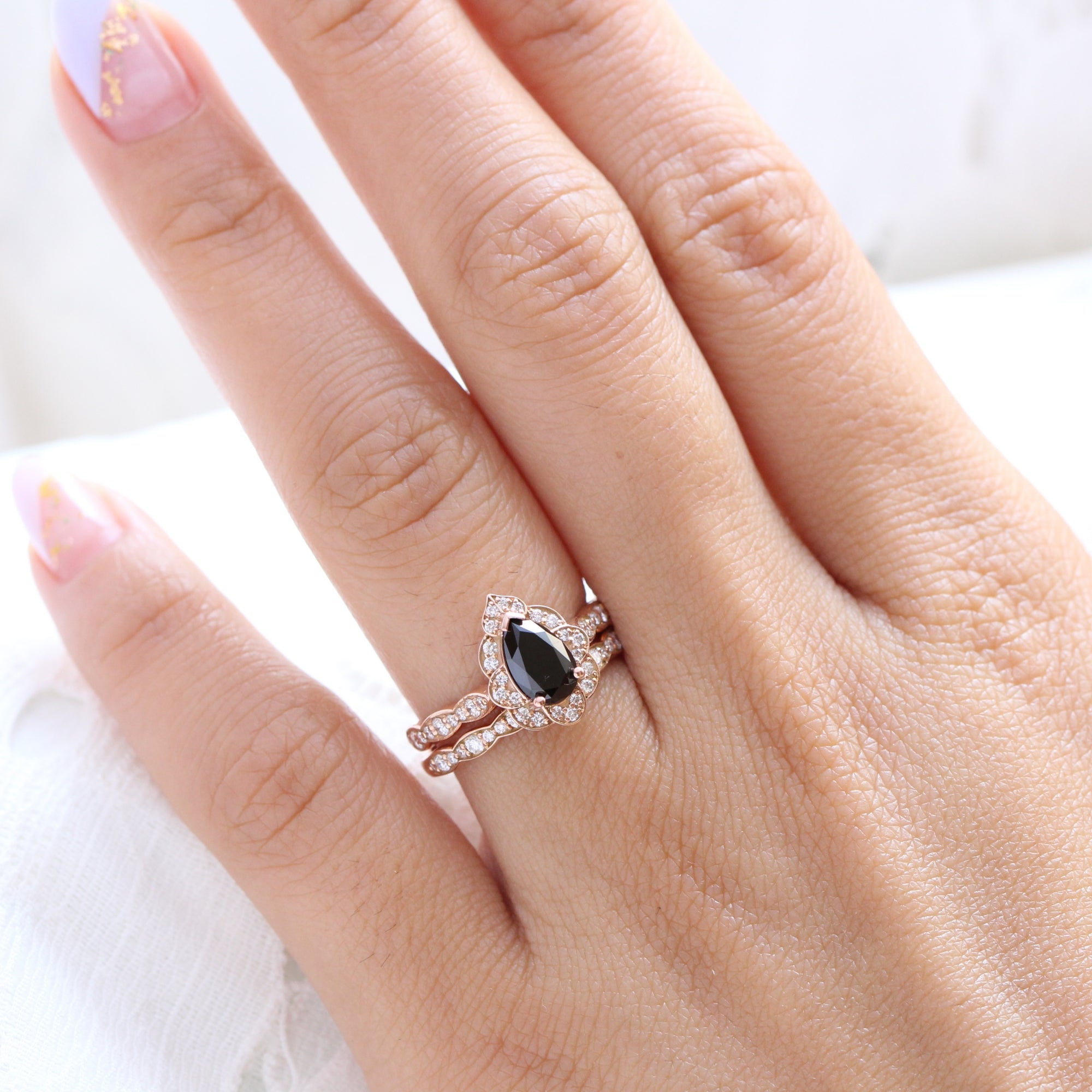 pear black diamond vintage halo ring rose gold matching diamond wedding band bridal set la more design jewelry