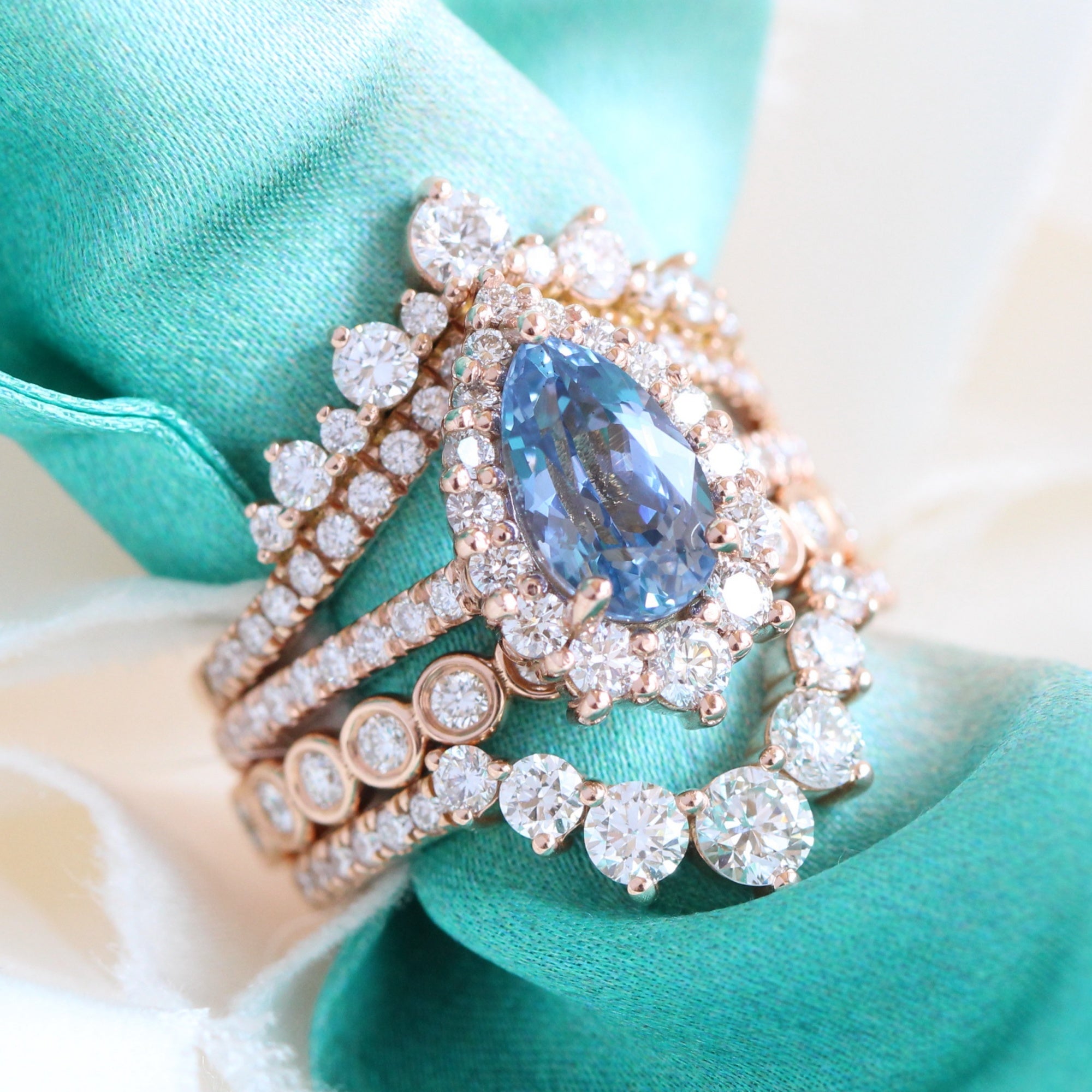 pear blue sapphire ring rose gold halo diamond ring pave diamond band la more design jewelry