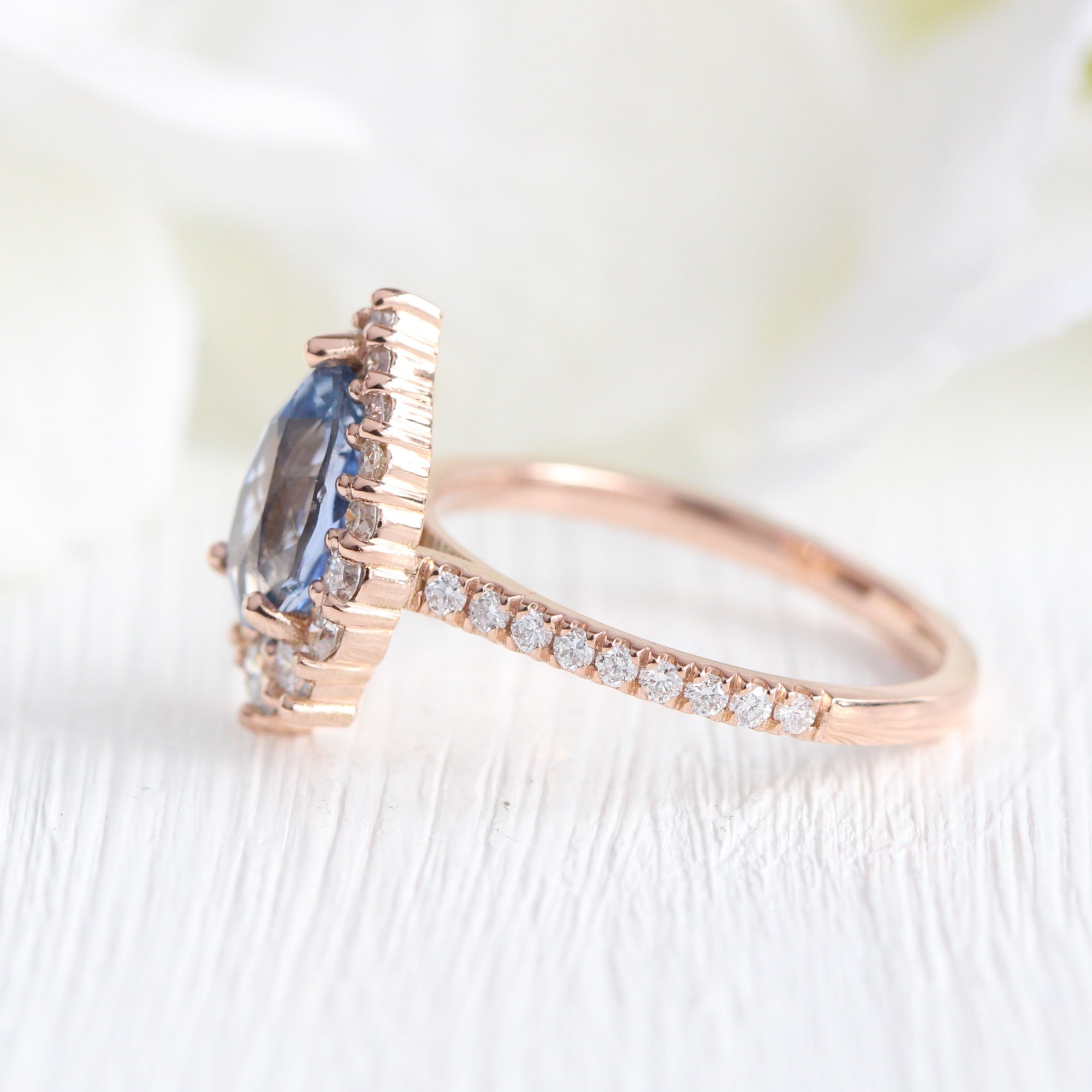 pear blue sapphire ring rose gold halo diamond ring pave diamond band la more design jewelry