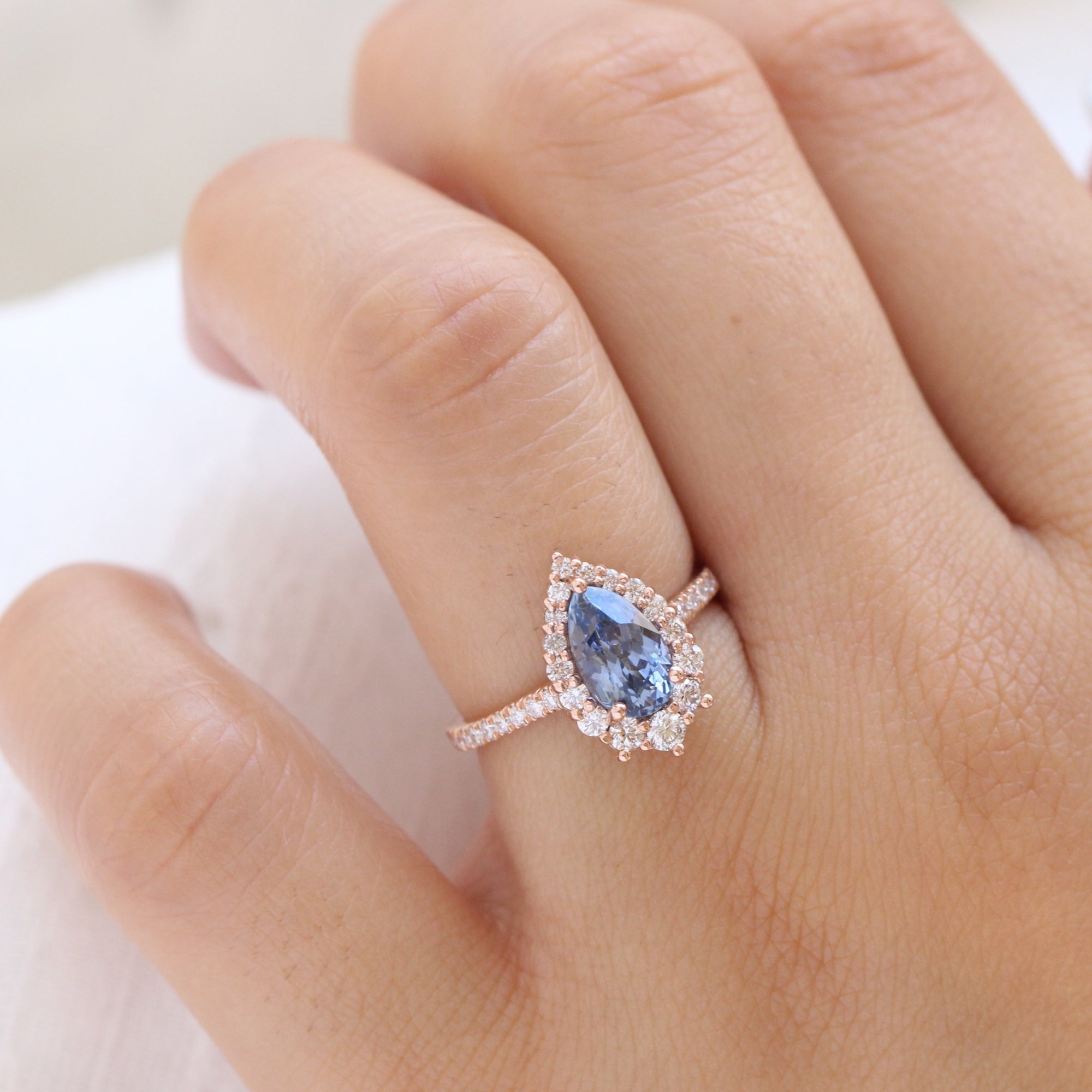 pear blue sapphire ring rose gold halo diamond ring pave diamond band la more design jewelry