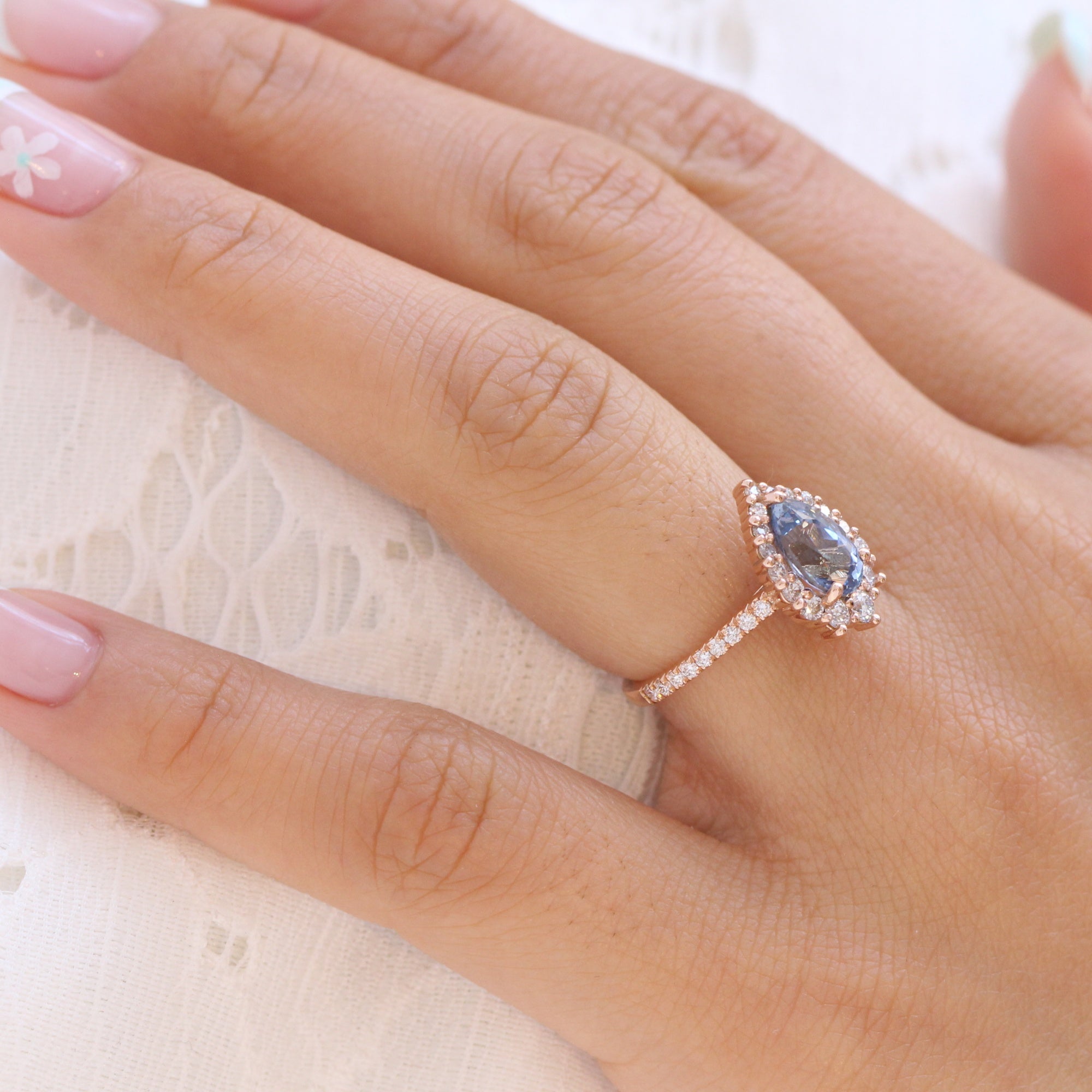 pear blue sapphire ring rose gold halo diamond ring pave diamond band la more design jewelry