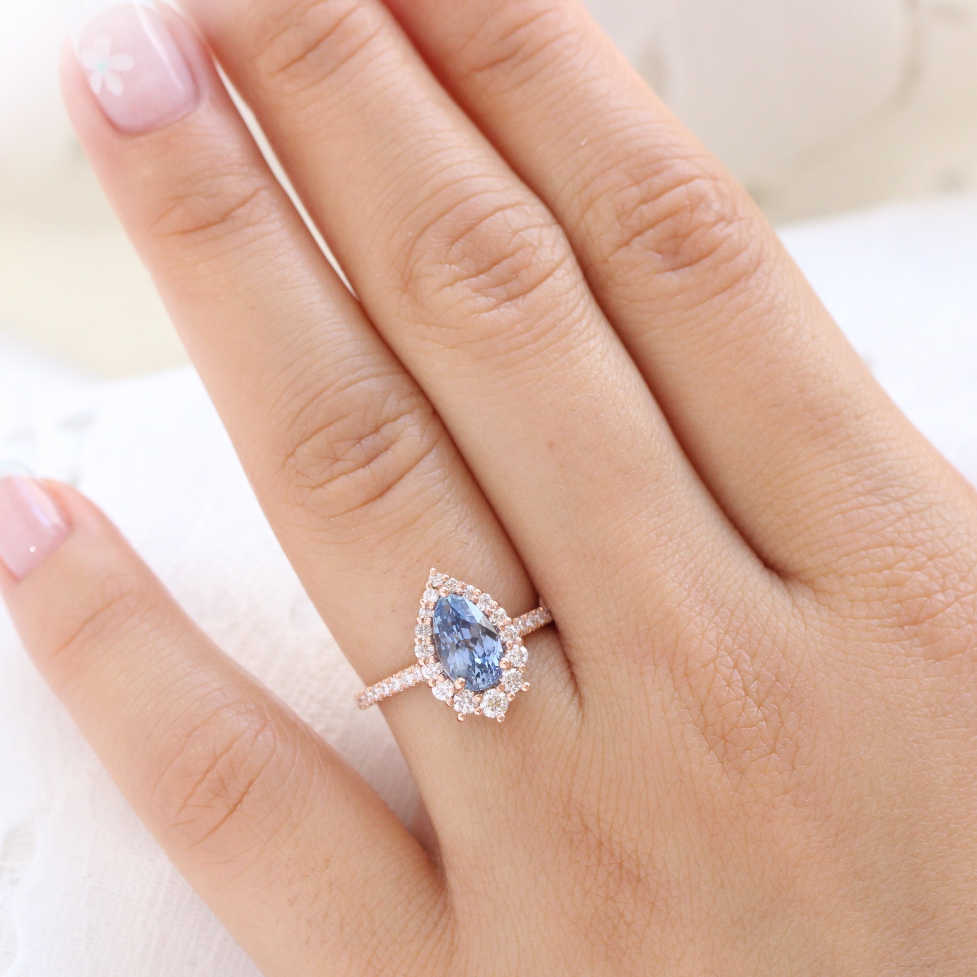 pear blue sapphire ring rose gold halo diamond ring pave diamond band la more design jewelry