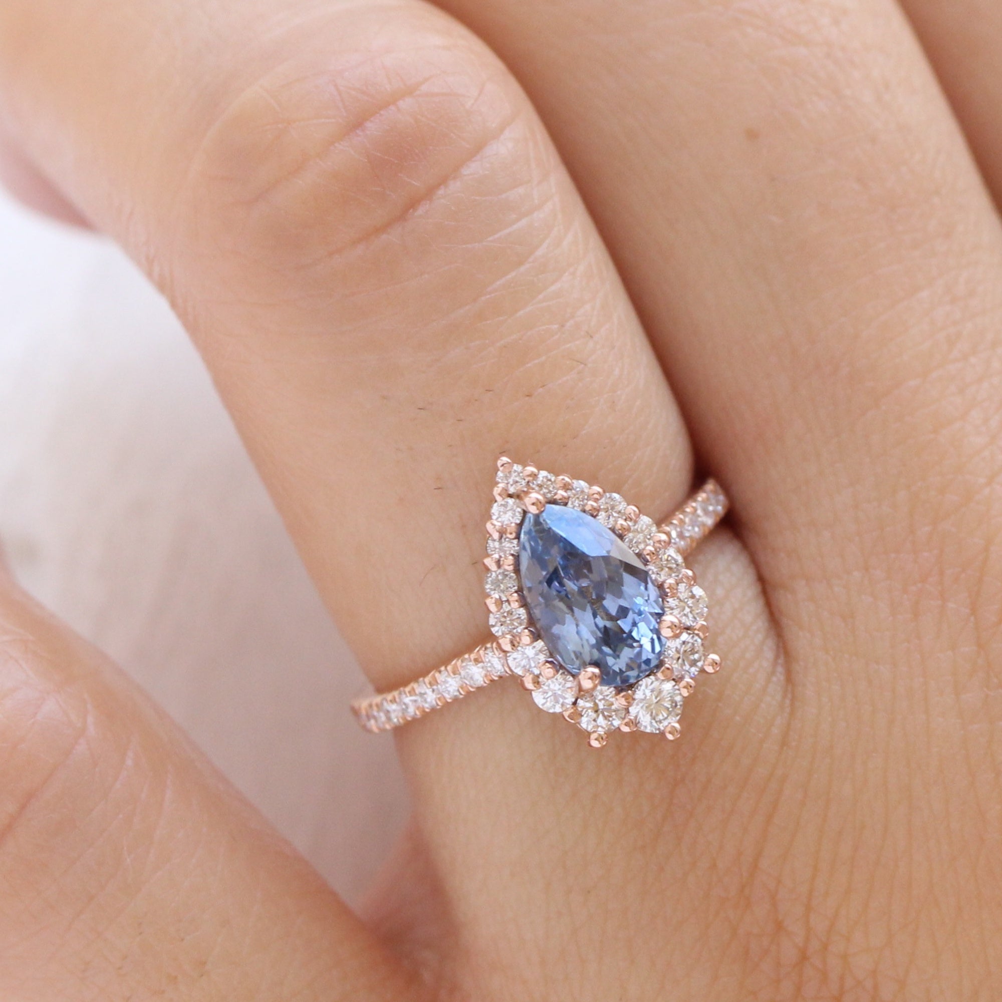 pear blue sapphire ring rose gold halo diamond ring pave diamond band la more design jewelry