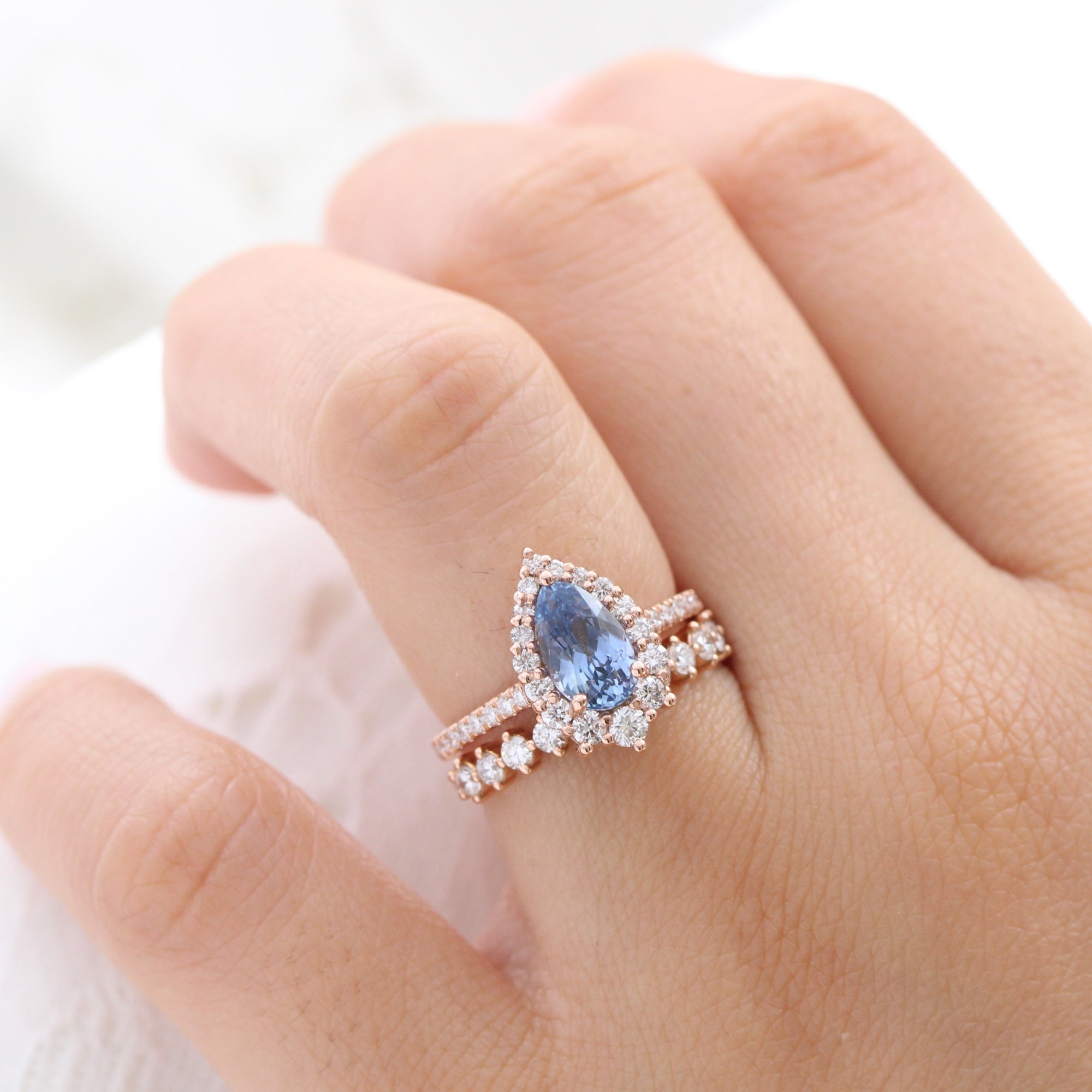 pear blue sapphire ring rose gold halo diamond ring pave diamond band la more design jewelry