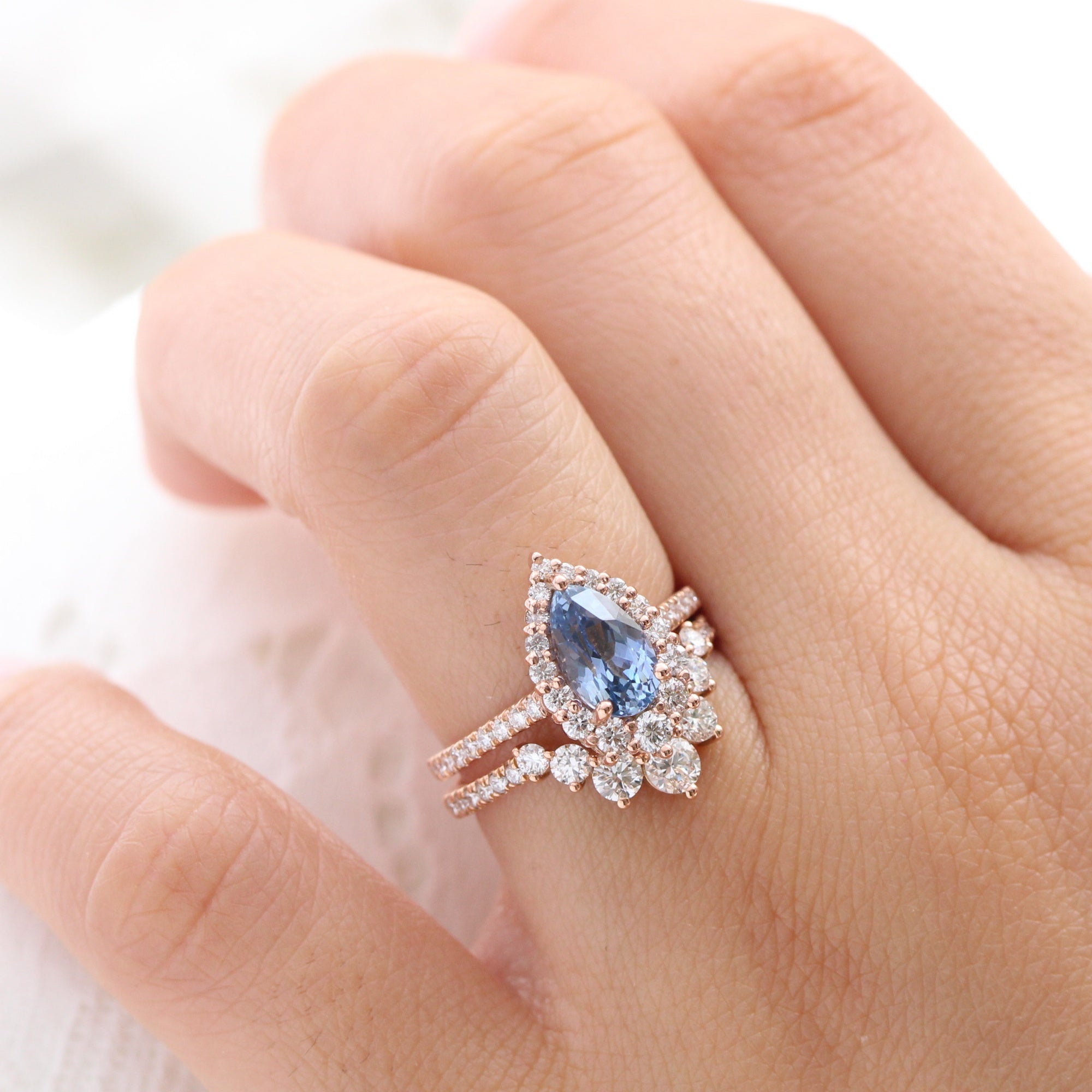 pear blue sapphire ring rose gold halo diamond ring pave diamond band la more design jewelry