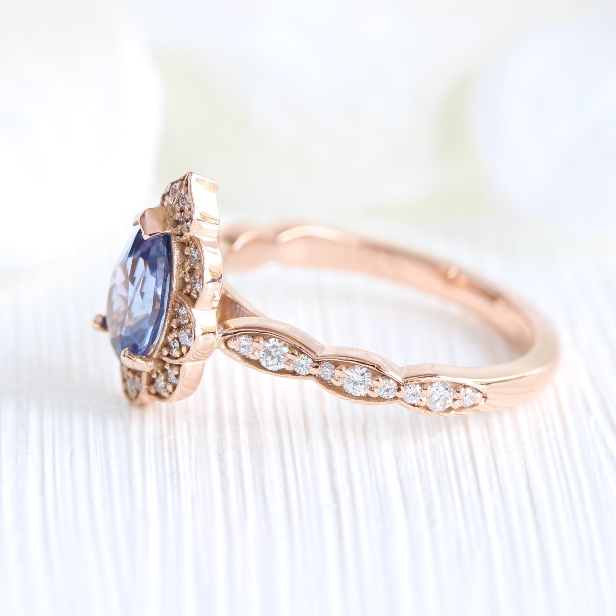 pear bluish purple sapphire ring rose gold vintage halo diamond ring la more design jewelry