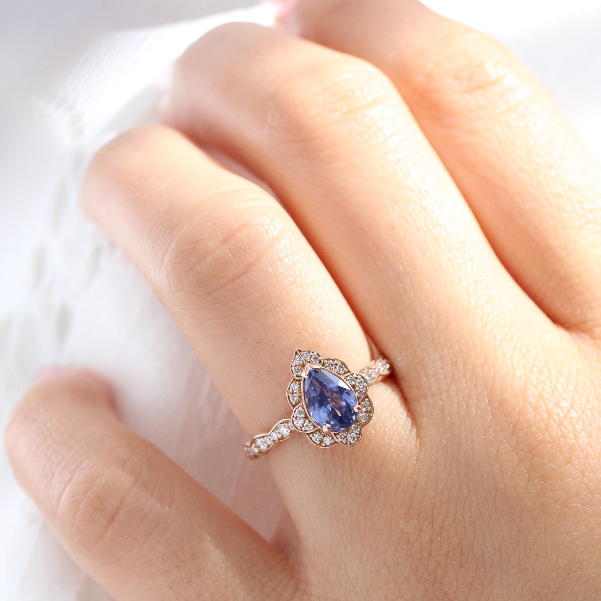 pear bluish purple sapphire ring rose gold vintage halo diamond ring la more design jewelry