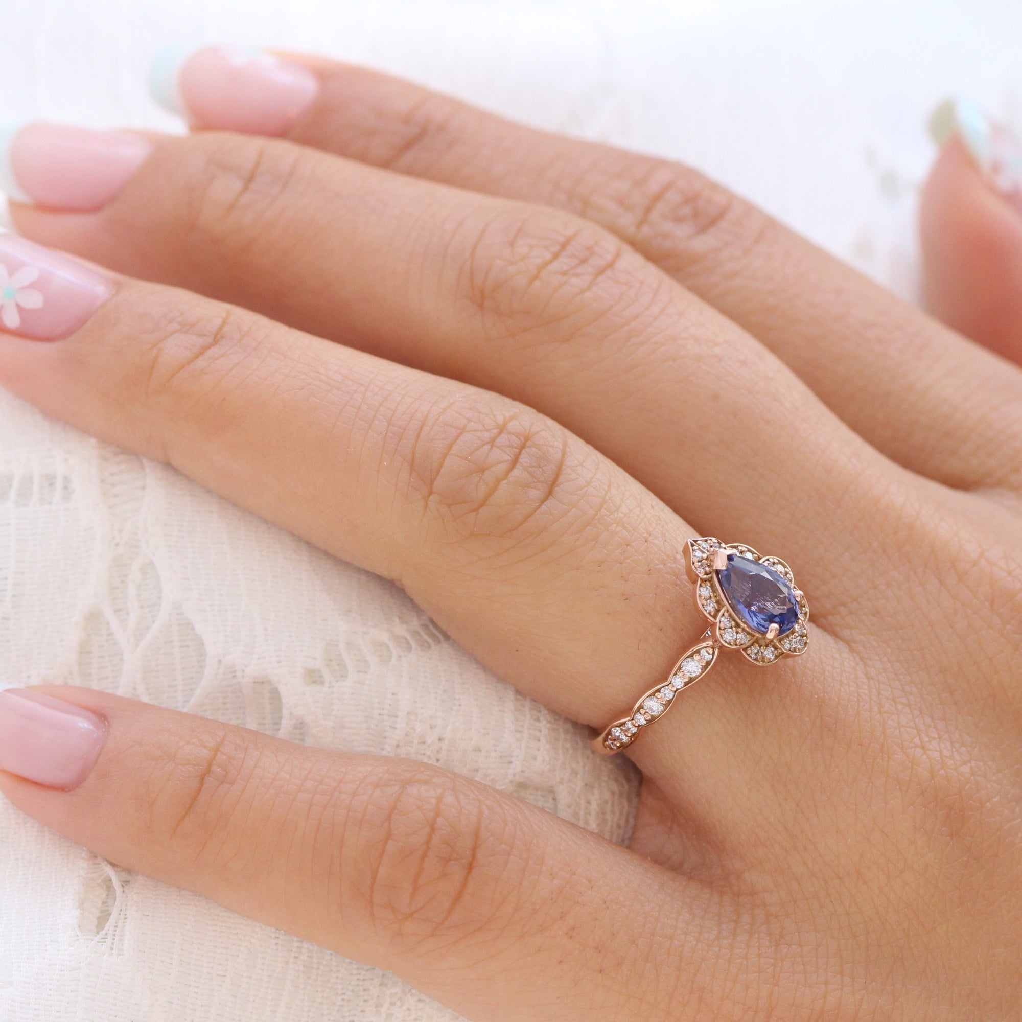 pear bluish purple sapphire ring rose gold vintage halo diamond ring la more design jewelry