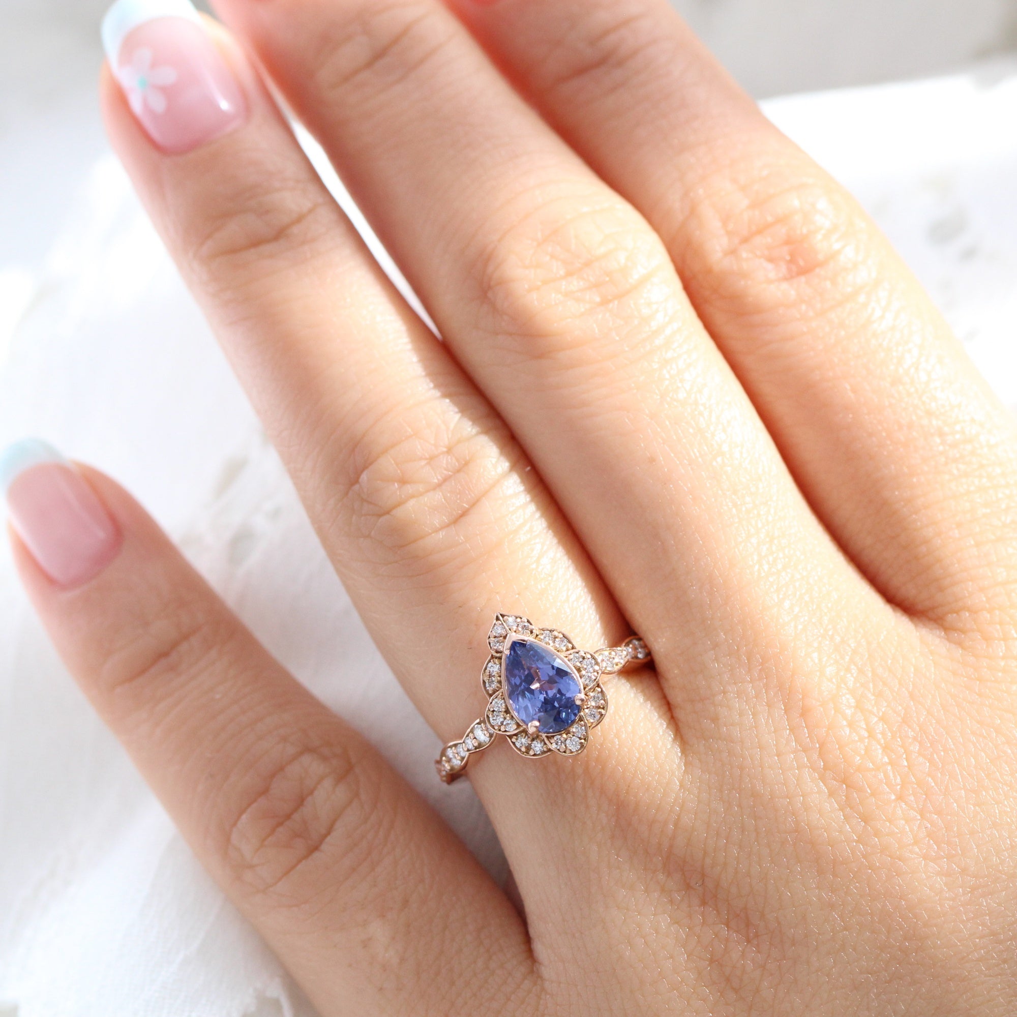 pear bluish purple sapphire ring rose gold vintage halo diamond ring la more design jewelry