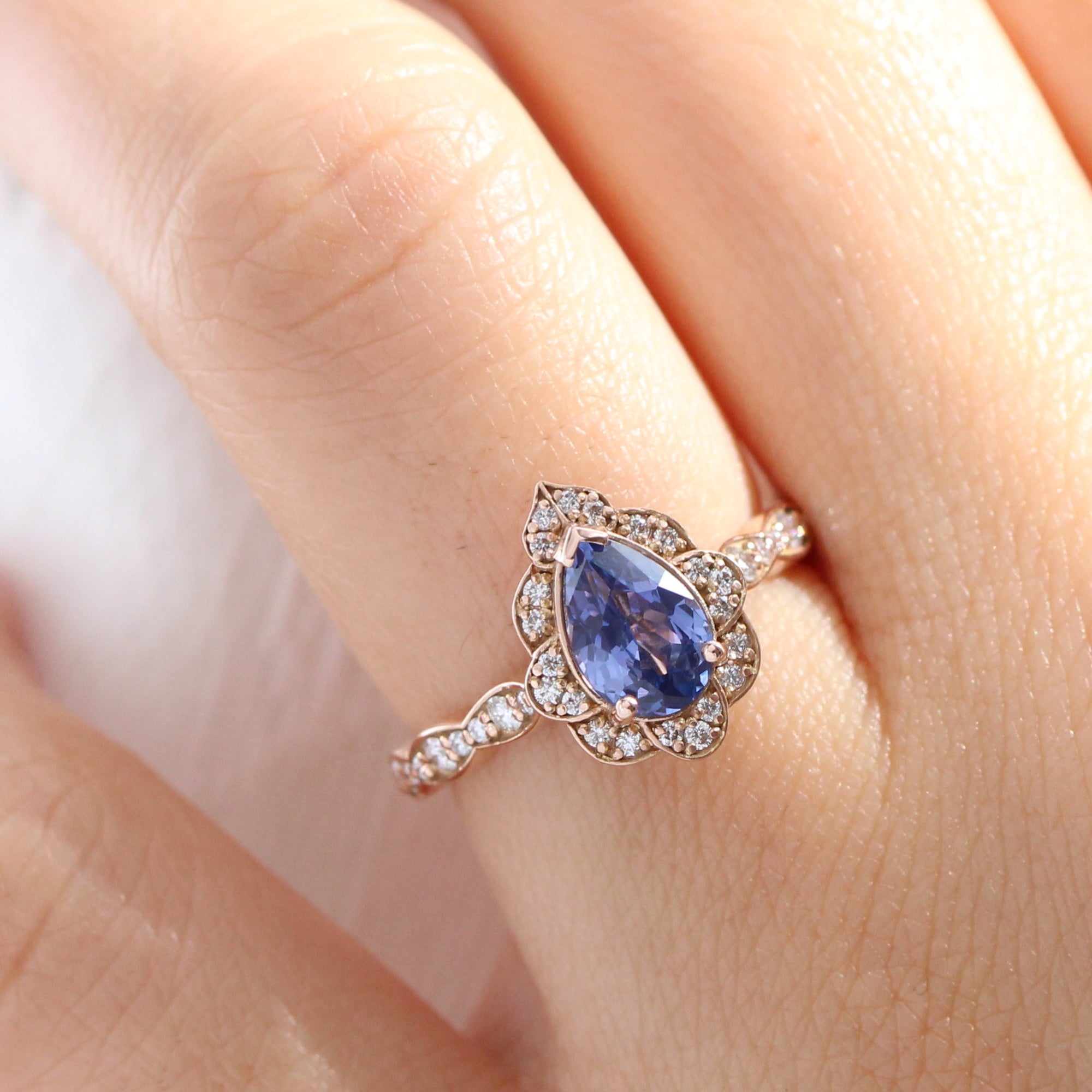 pear bluish purple sapphire ring rose gold vintage halo diamond ring la more design jewelry