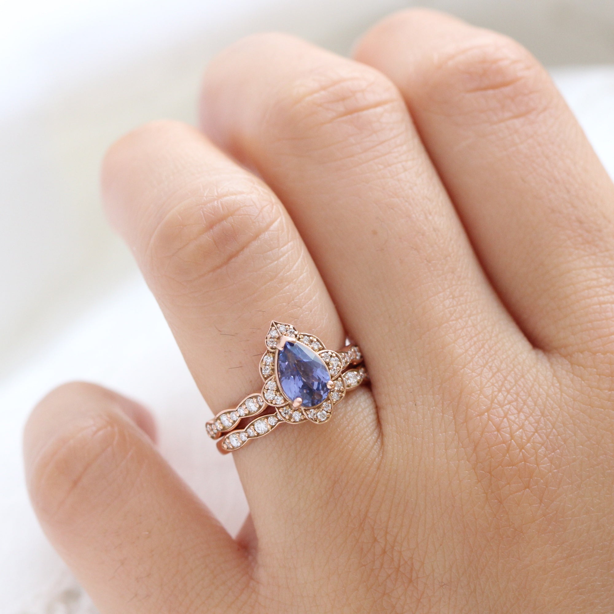pear bluish purple sapphire ring rose gold vintage halo diamond ring la more design jewelry
