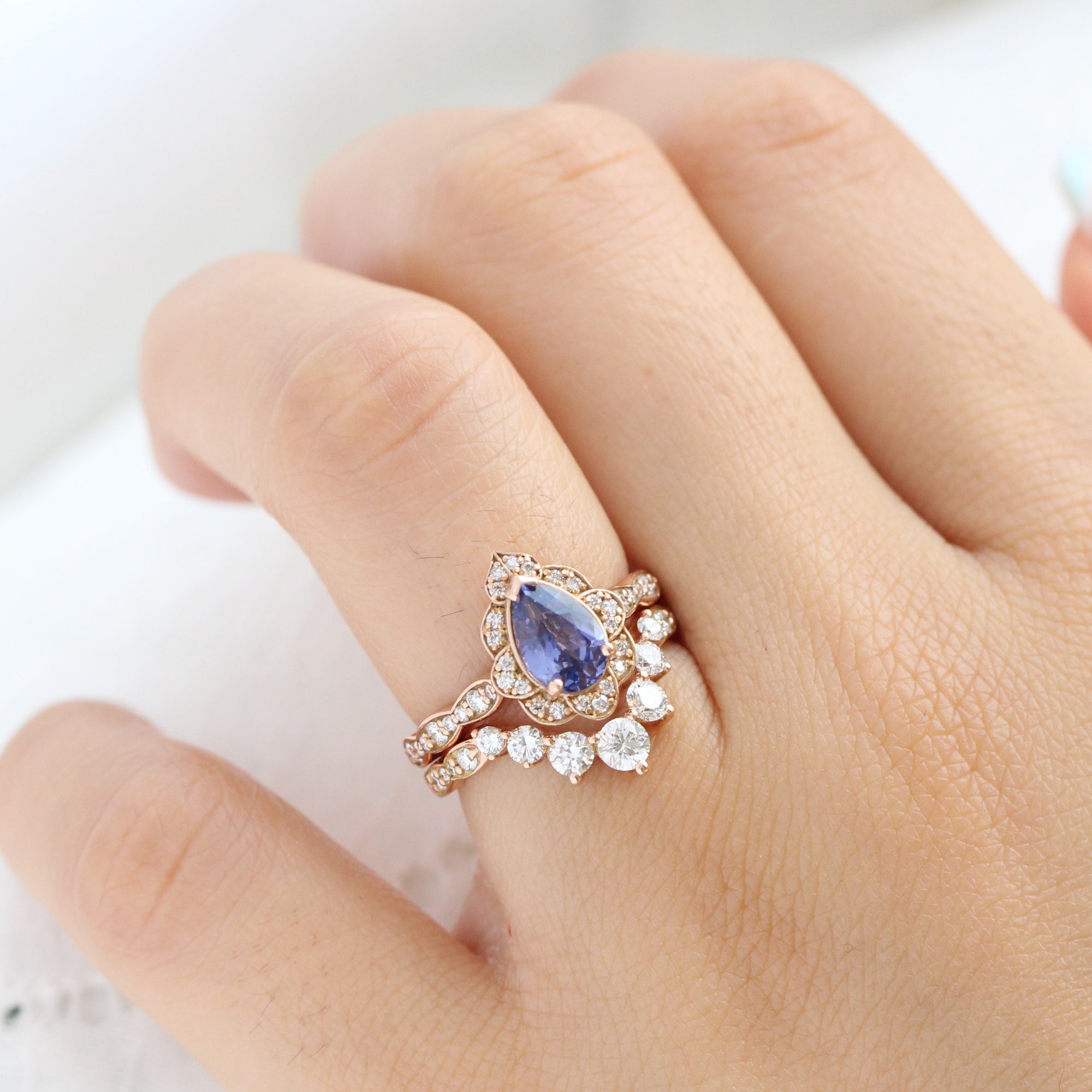 pear bluish purple sapphire ring rose gold vintage halo diamond ring la more design jewelry