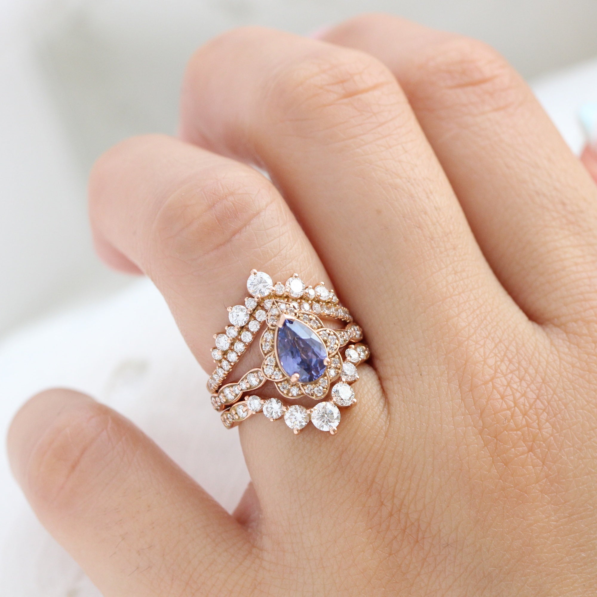 pear bluish purple sapphire ring rose gold vintage halo diamond ring la more design jewelry