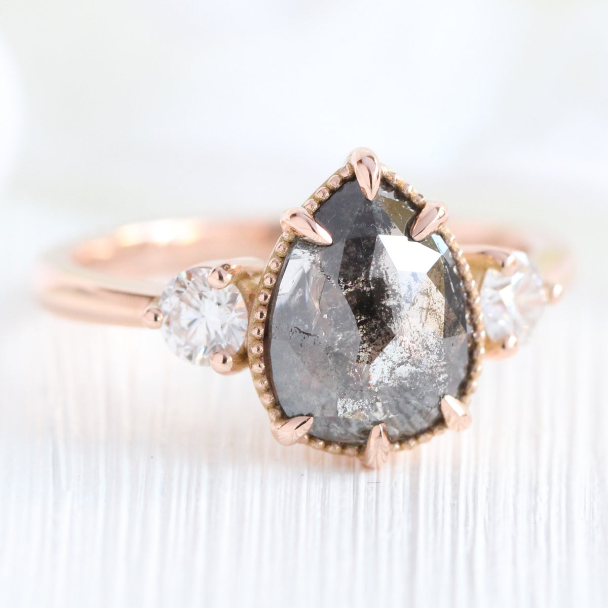 Pear Salt and Pepper Diamond Engagement Ring in Rose Gold 3 Stone Ring ...